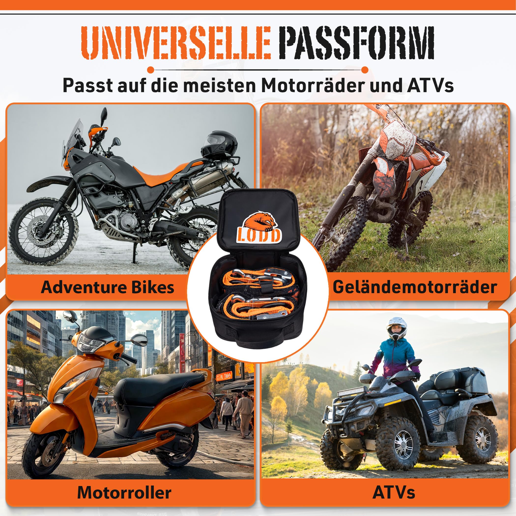 LODD - Motorrad-Spanngurte mit Hochfesten Schnallen, Fellschutz, Stahlkarabiner, Verstärkter Schnalle | 1100 kg, 38mm | Anhänger (Parent) (Schnalle/Drehkarabiner)