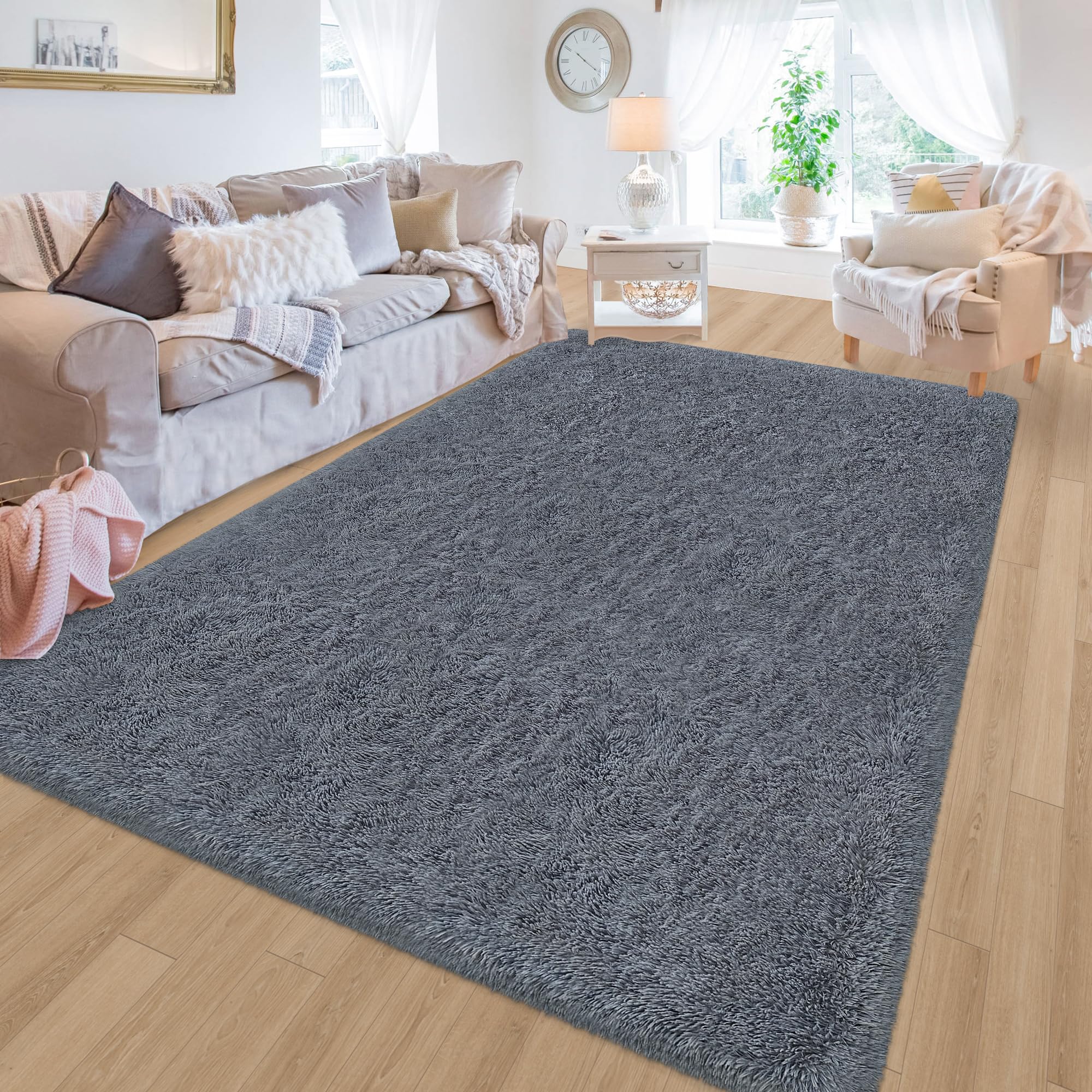 Tapis pelucheux à poils longs ultra doux et épais pour chambre à coucher, salon, dortoir, chambre d'enfant, décoration d'intérieur, esthétique, antidérapant, durable, 1,5 x 2,4 m, gris