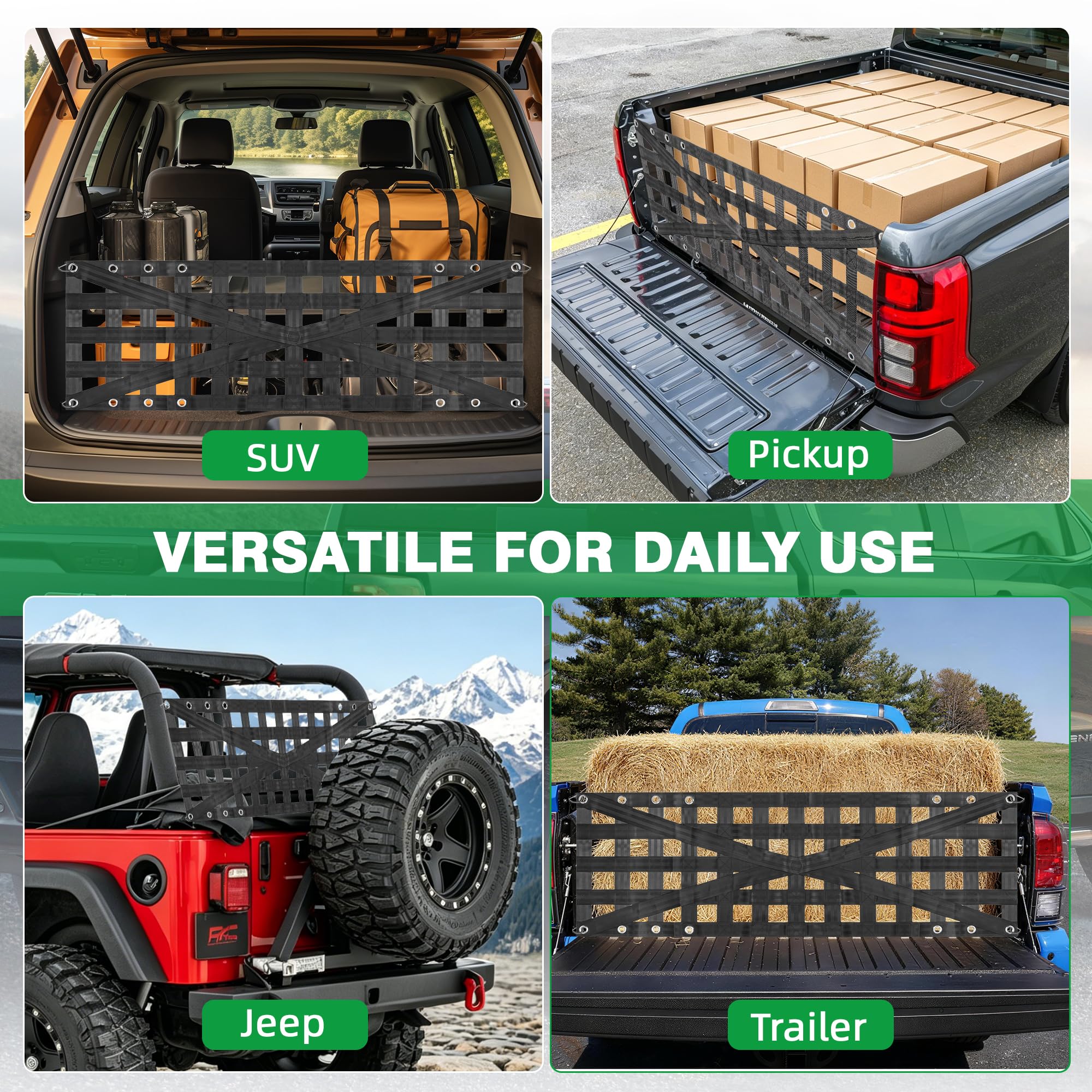 Strapazierfähiges Heckklappennetz für Pickup-LKW-Bett, 152,4 x 45,7 cm, mit 4 verstellbaren Schnallenriemen, langlebiges Heckklappen-Gepäcknetz für Anhänger, Pickup, Boot, Jeep, SUV