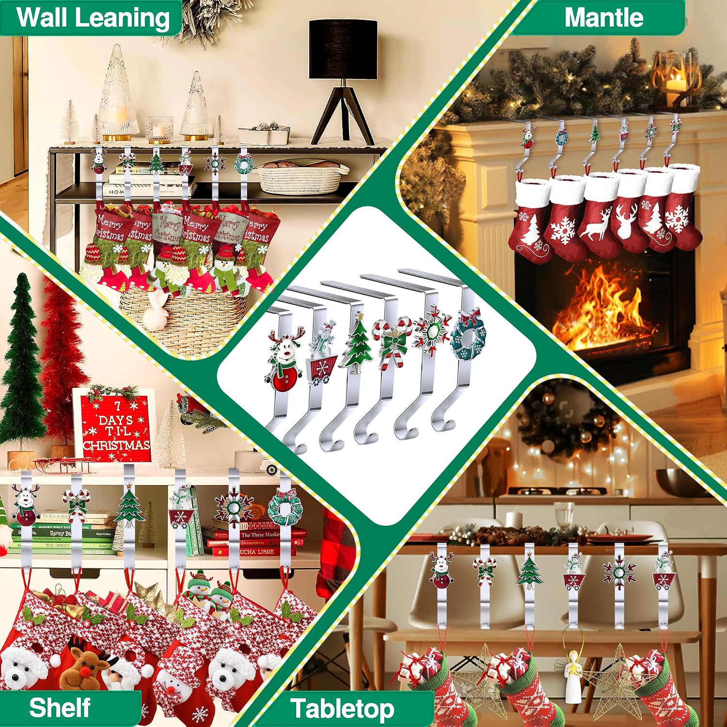 Loncaster Christmas Stocking Holders for Mantle Set of 6, Colorful Stocking Hangers Stocking Holder for Mantel Fireplace, 6 Pack Non-Slip Stocking Hooks for Christmas Party Decorations