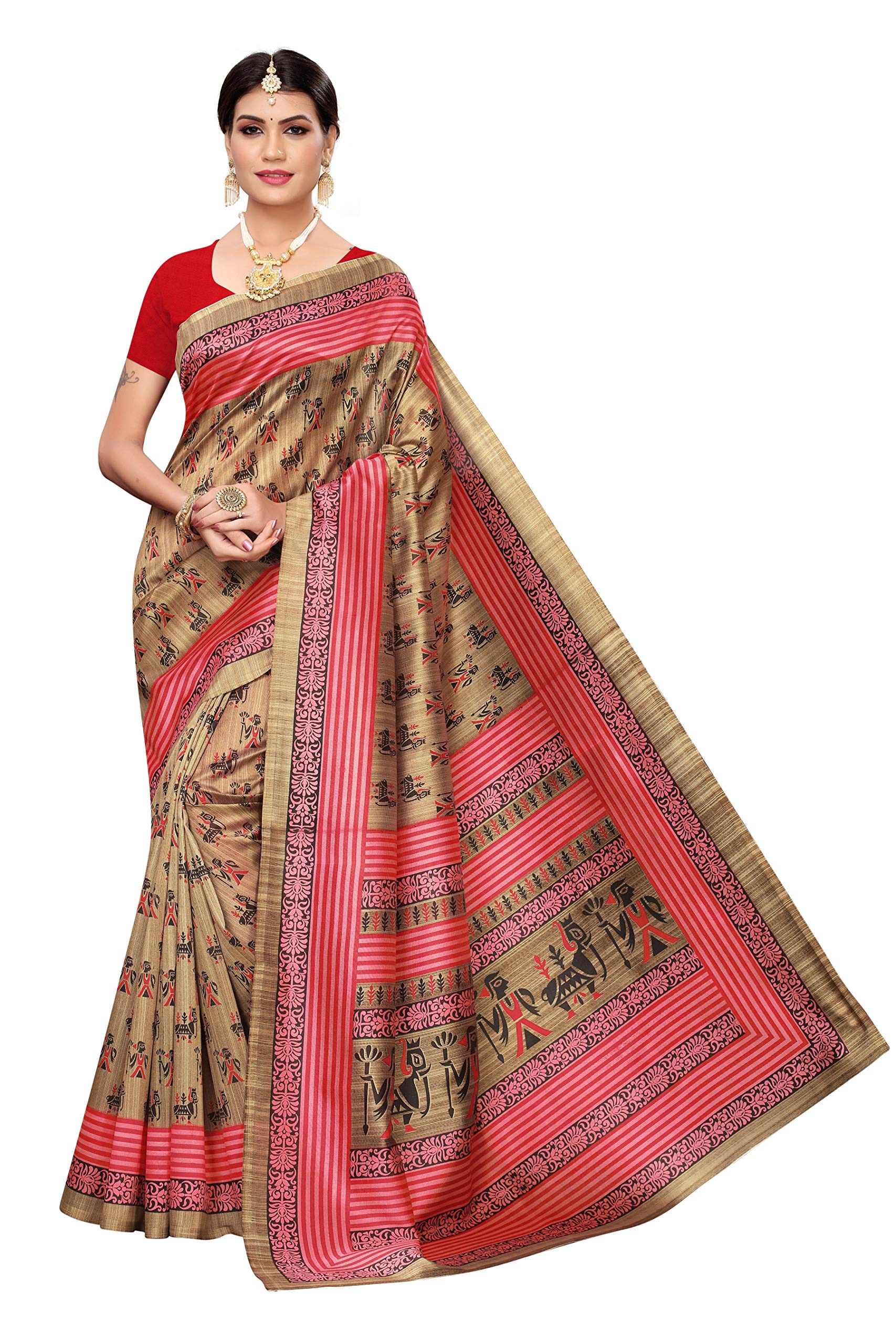 GoSriKi Women's Art Silk Saree (Fox-RED