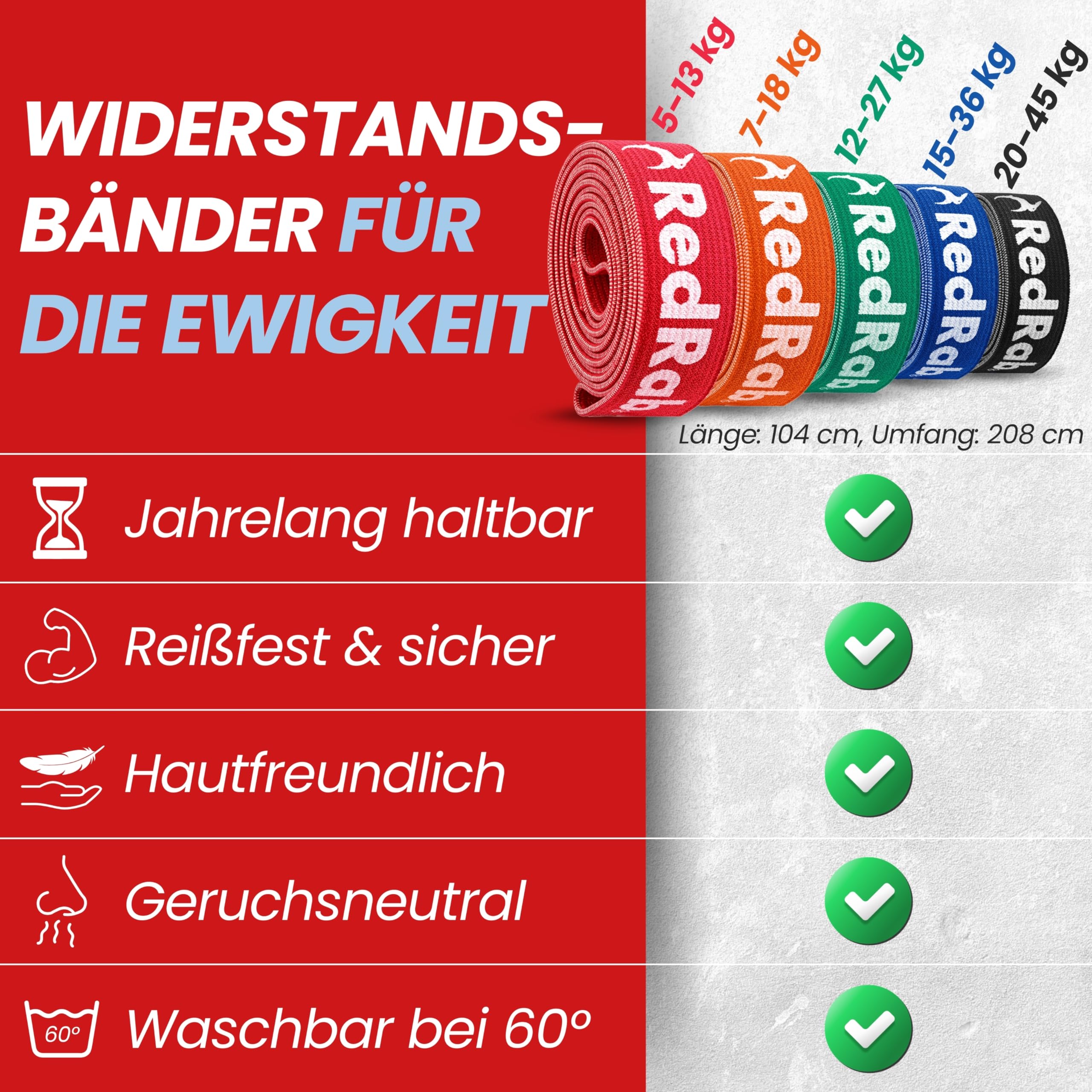 RED RAB Lange Fitnessbänder Stoff inkl. Stange & E-Book für Widerstandsbänder Krafttraining - Fitness Band Set - Krafttrainingsset mit reißfesten Resistance Bands, Klimmzug Bänder, Trainingsbänder