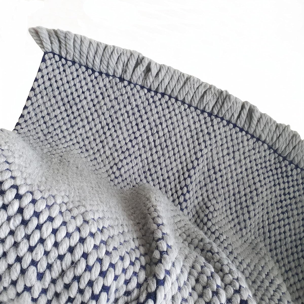 Chunky Hand-Crafted Wool Throw Blanket Gray Navy Blue 50x50 | Square wool throw, thick gray yarn on navy mesh, dense handmade texture