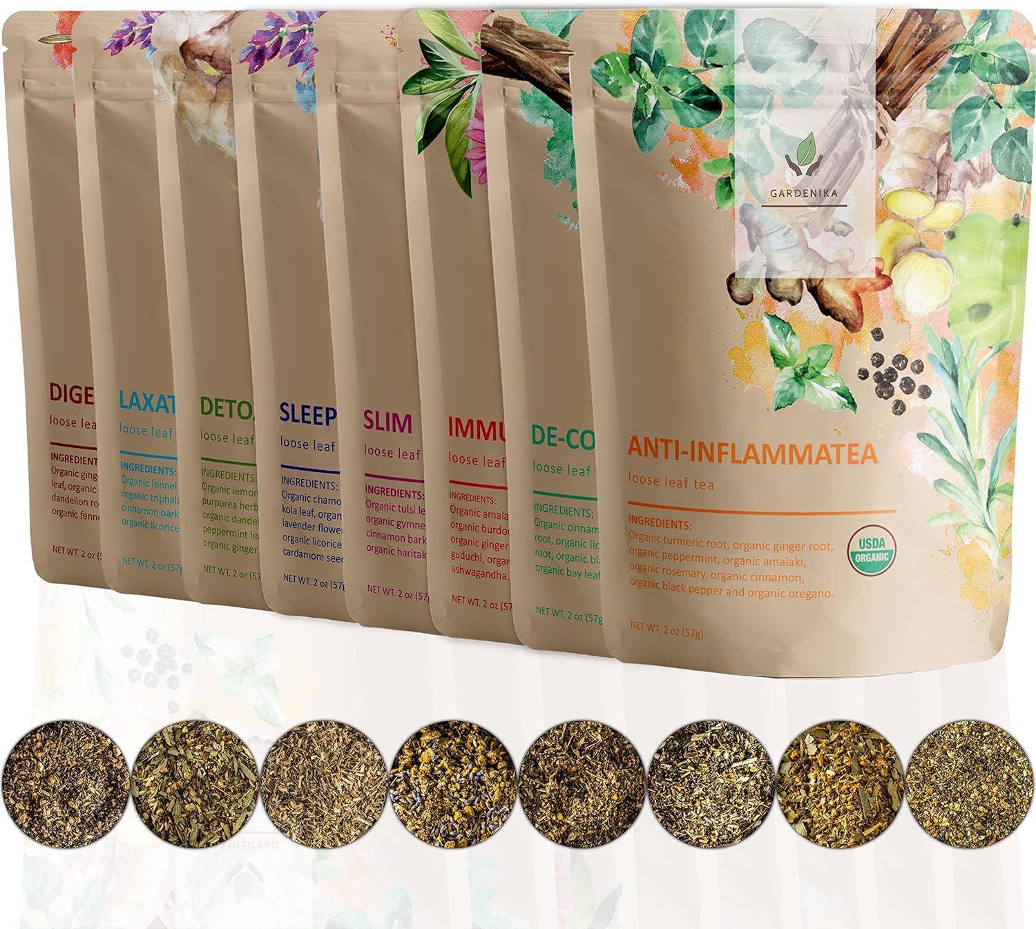 Gardenika Organic Loose Leaf Tea Sampler – 8 Pack, 1 LB – Herbal and Naturally Caffeine-Free Set – Ayurvedic Assortment Blend