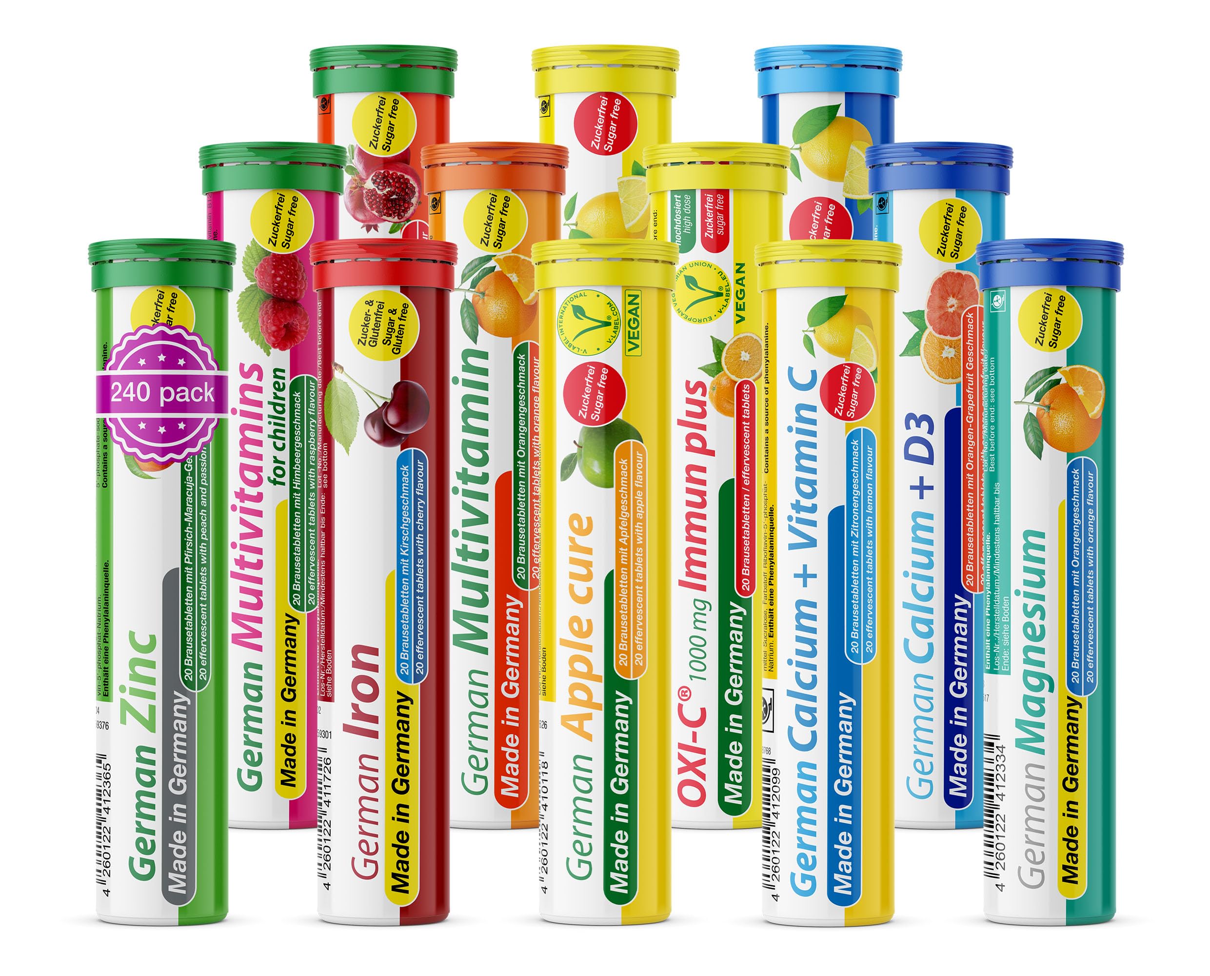 Brausetabletten Sortimentmix T&D Pharma - 12x20 = 240 German Brausetabletten - Vitamine und Mineralien in fruchtigen Geschmäckern - Made in Germany
