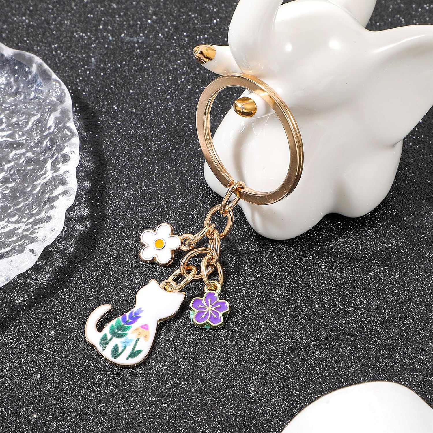 2PCS Cute Cat Keychain – Kawaii Enamel Cat Charm, Colorful Flower Design, Durable Alloy Key Ring for Women Men, Cats Lovers Gift, Bag & Backpack Accessories - Image 7