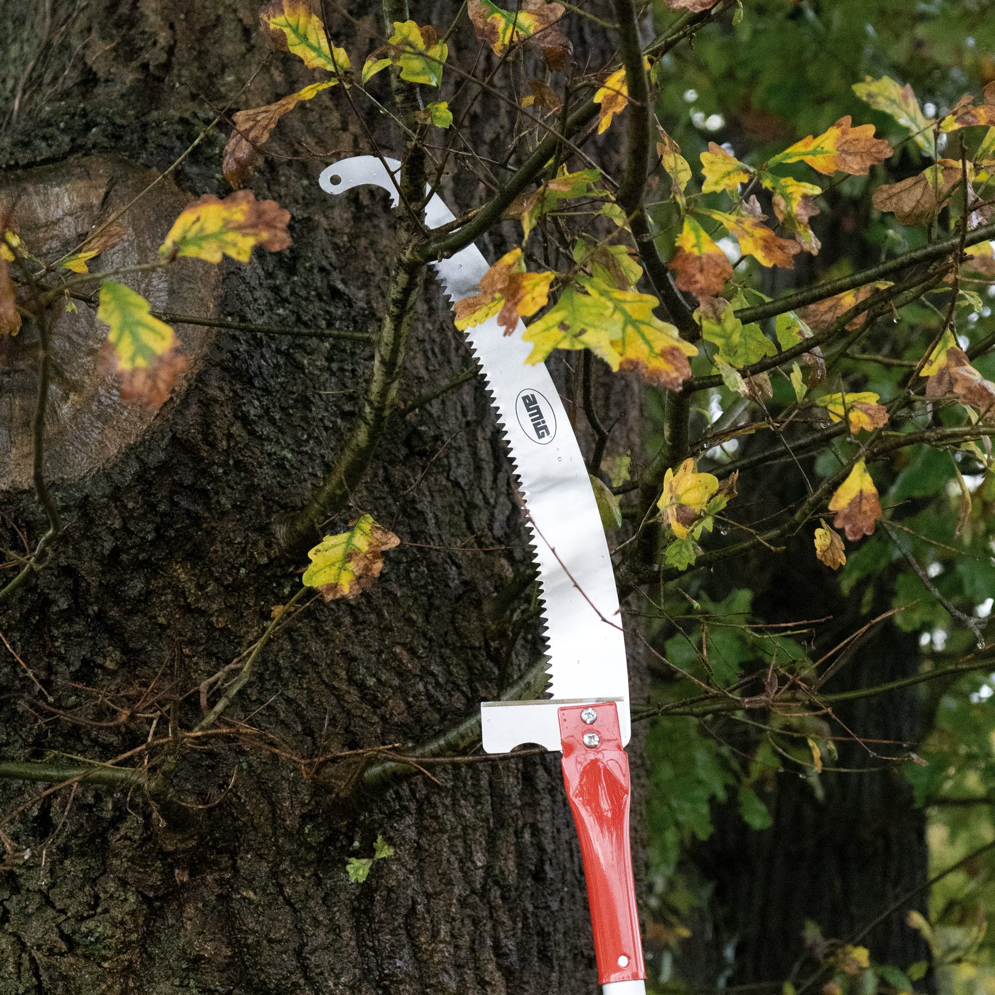 Amig - Serrucho de Poda en Altura - Hoja de Acero de 410 mm - Mango tubular de Acero con Agujero - Uso con Pértigas de Ø25 mm - Sierra de Mano para Cortar Ramas y Troncos Altos - No Incluye Pértiga