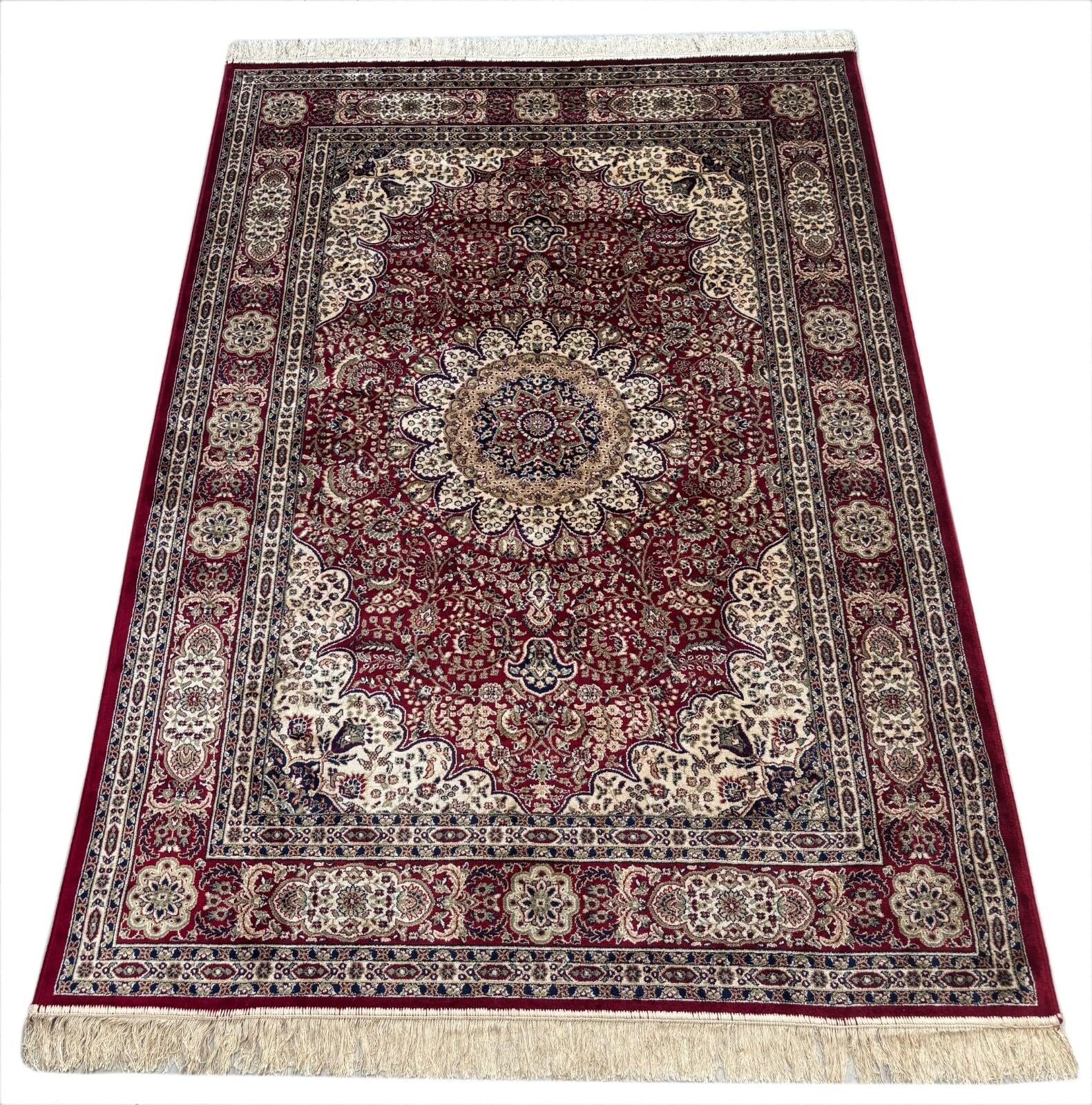 Kashmir Design M38R - Tappeto orientale, 150 x 210 cm, in viscosa lucida, colore: Rosso/Beige