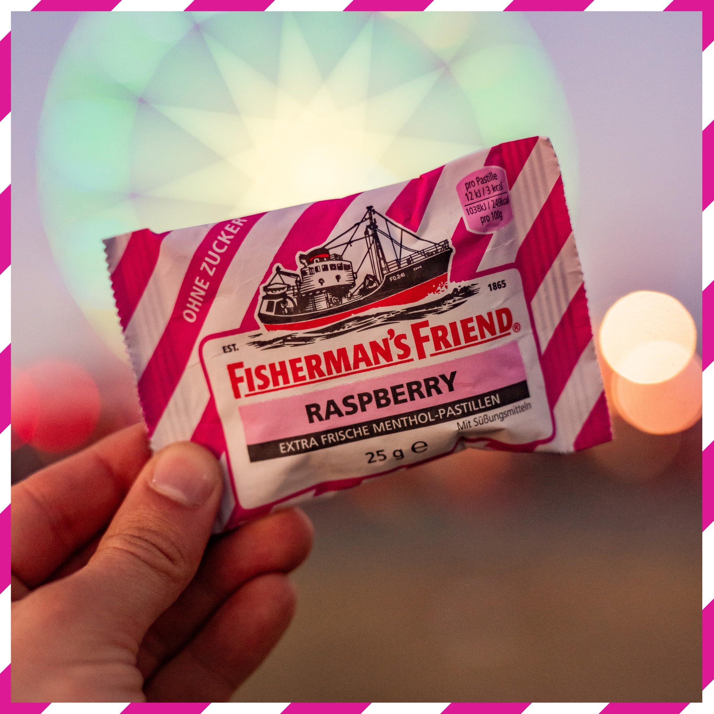 Fisherman's Friend Raspberry, 24er Vorratsbox, Himbeere und Menthol Geschmack, zuckerfrei & vegan, Bonbons für frischen Atem, 24 x 25g