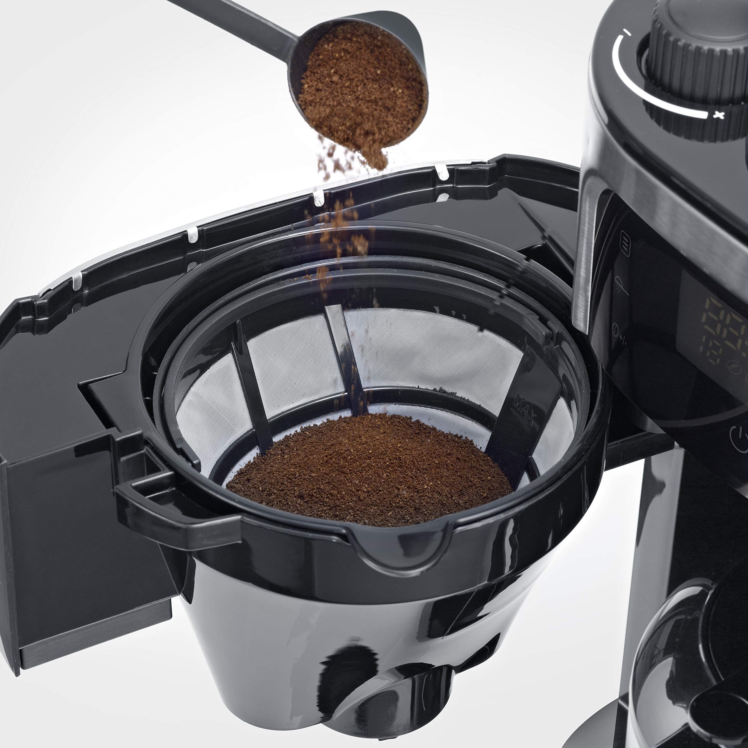 SEVERIN - Cafetera de goteo con molinillo hasta 10 tazas, Cafetera de filtro / Cafetera americana con jarra de cristal de 1l, con pantalla LED con temporizador, Acero inoxidable / Negro, KA 4814