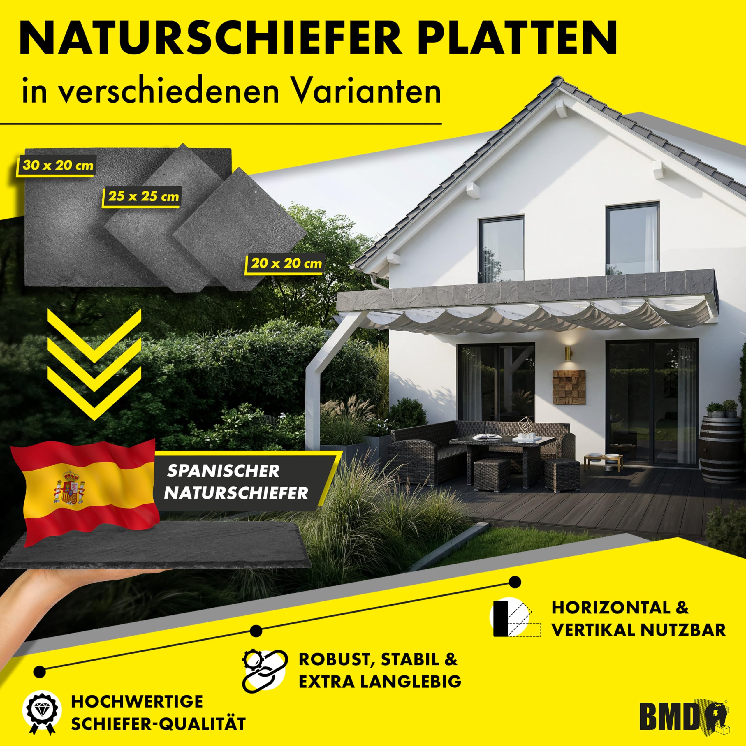 1m² (40 Stück) Naturschiefer 20x20cm Uni | 1. Wahl | 4 Größen | spanischer Markenschiefer für Dach & Fassade | Universal Schiefer Schornstein Gaube | Dachdecker Qualität 1. Sortierung