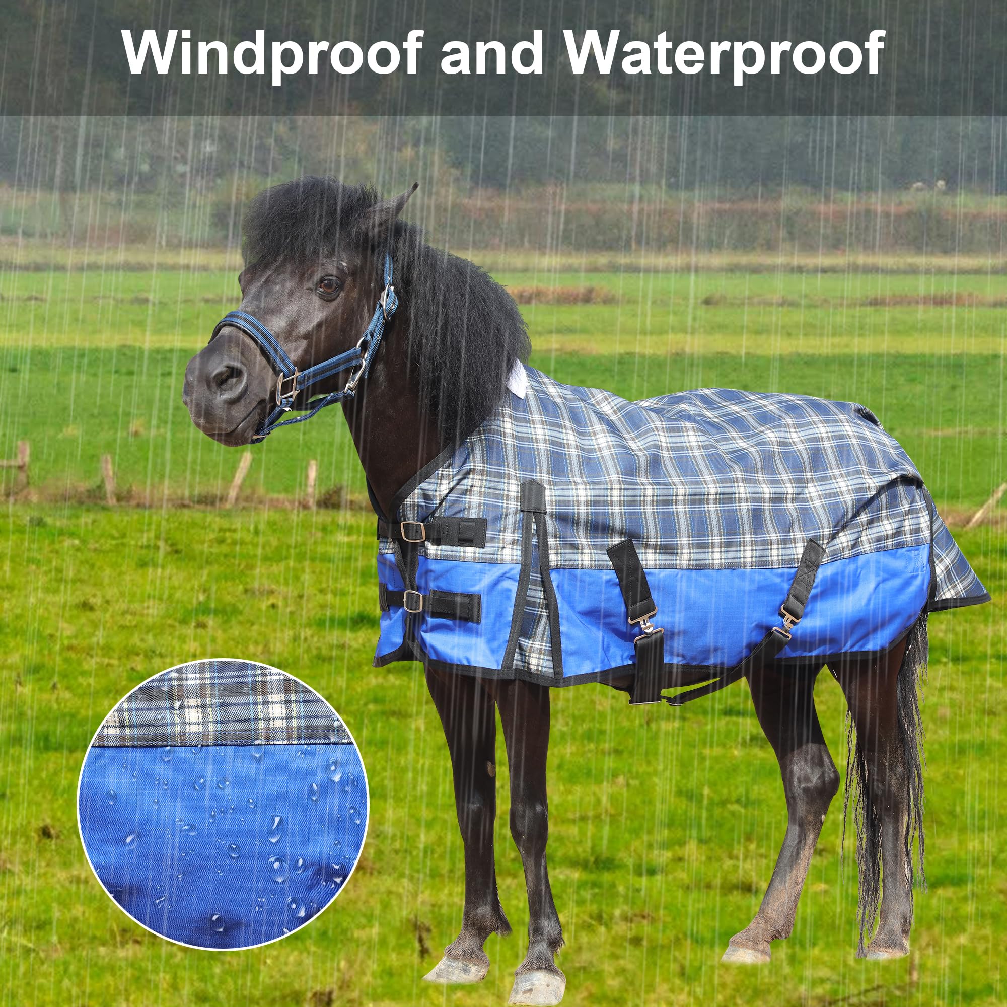Leberna Coperta per cavallo 600D Ripstop impermeabile per cavallo Shetland, pony, asino e cavallo in miniatura (senza imbottitura) (plaid blu, 90 cm)