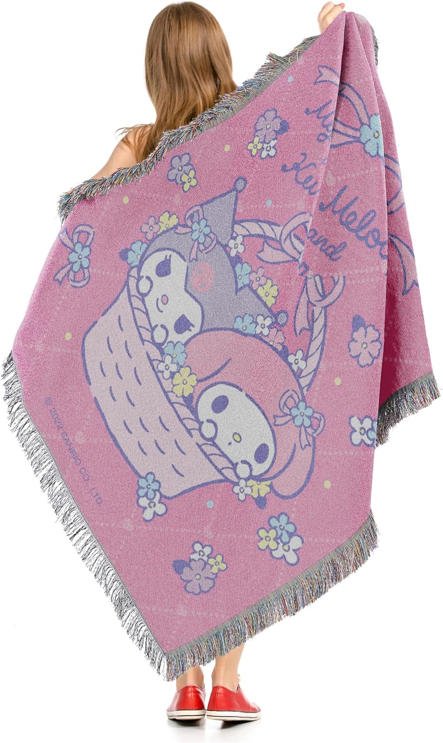 Northwest My Melody and Kuromi Woven Tapestry Throw Blanket, 48" x 60", Flower Basket Fun