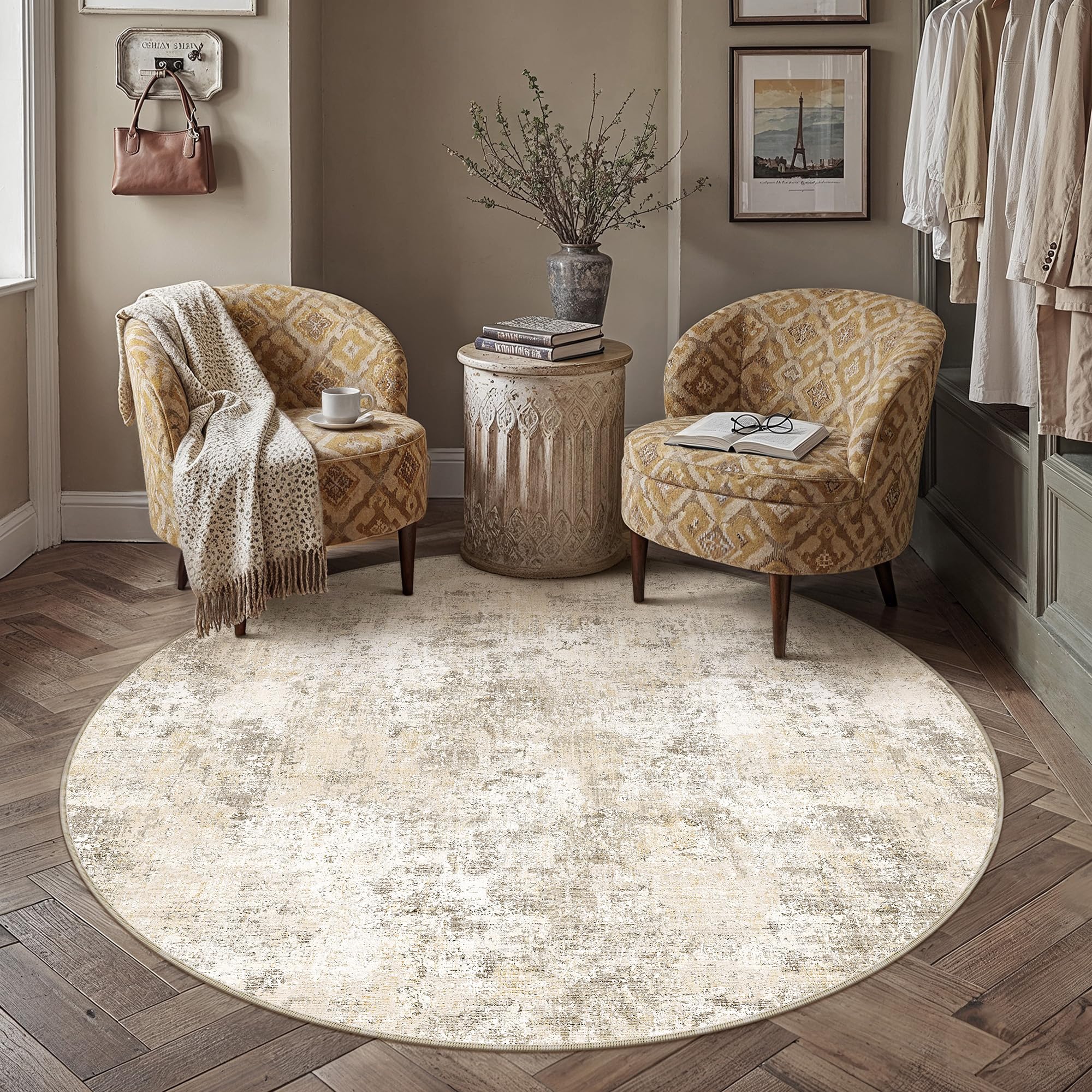 PureCozy Round Rugs Living Room Rug 180cm Beige Washable — image 1