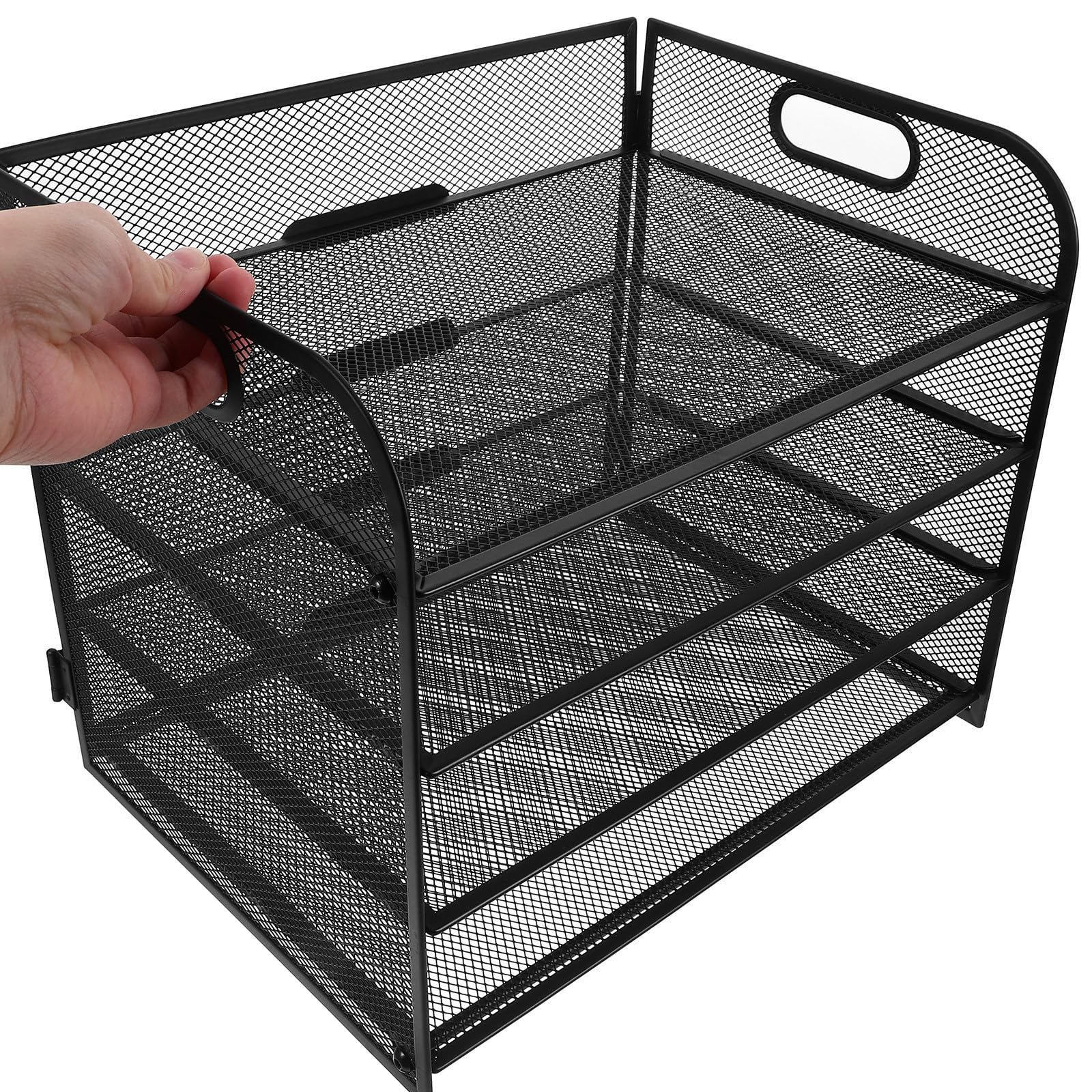 Organizer Documenti in Acciaio al Carbonio Nero a Quattro Livelli con Maniglia per Organizzatori Desktop e Ripiani per Scuola e Ufficio