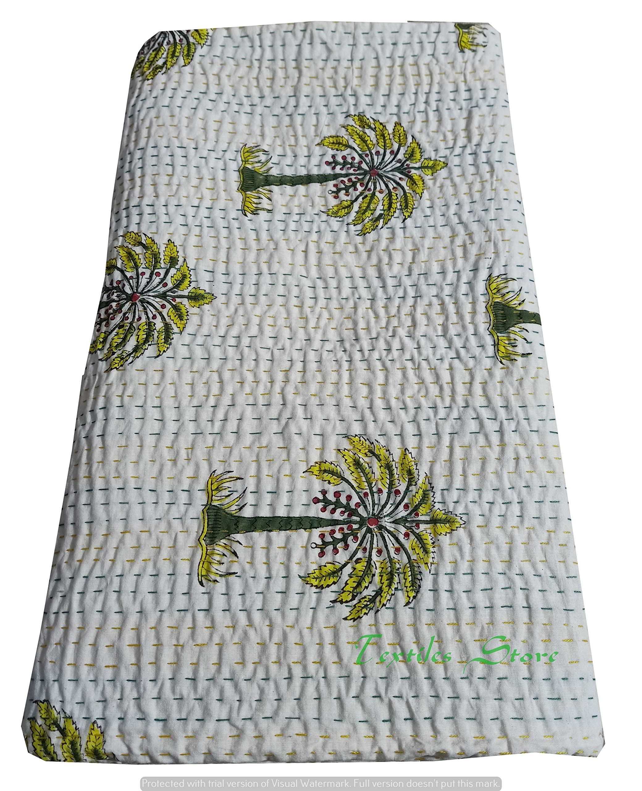 Couvre-lit indien Kantha double en coton fait main Gudari 228x274 cm pour jeté de lit