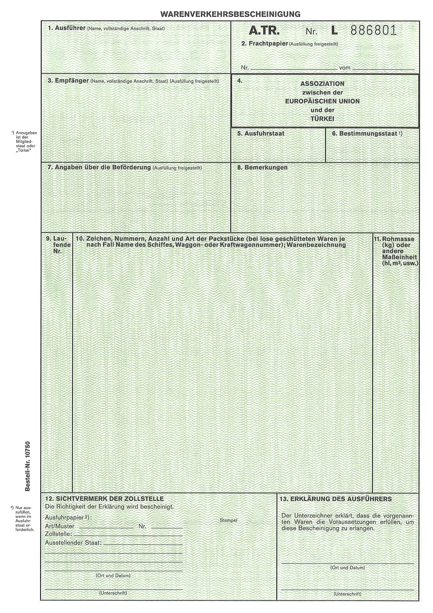 RNKVERLAG 2273L - Warenverkehrsbescheinigung A.TR, 2 Einzelblatt, DIN A4, 50 Stück