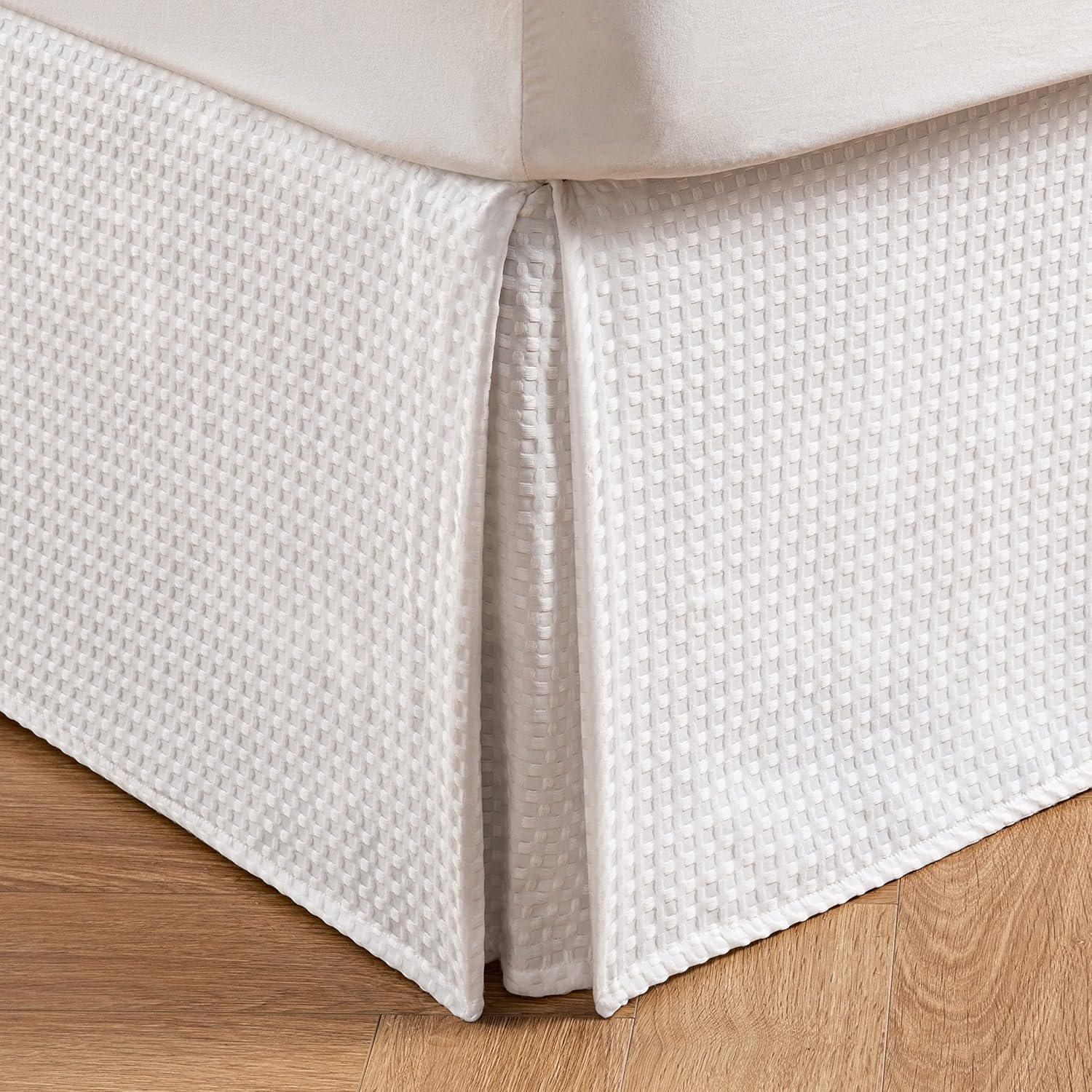 MIYE Pleated Waffle Weave Bed Skirt, Tailored Dust Ruffle 14 Inch Drop Easy Fit, Machine Washable (White, King - 14" Drop) White King - 14" Drop