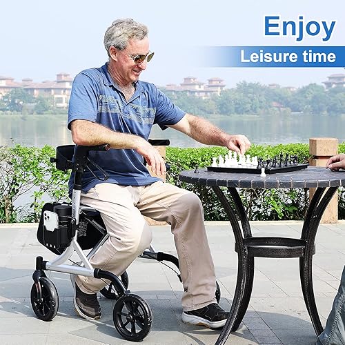 Vista 34 de Andador con ruedas para personas mayores con soporte para tazas, botón de presión de pulgar mejorado para ajuste de altura, caminante de 4 x 8 Azul