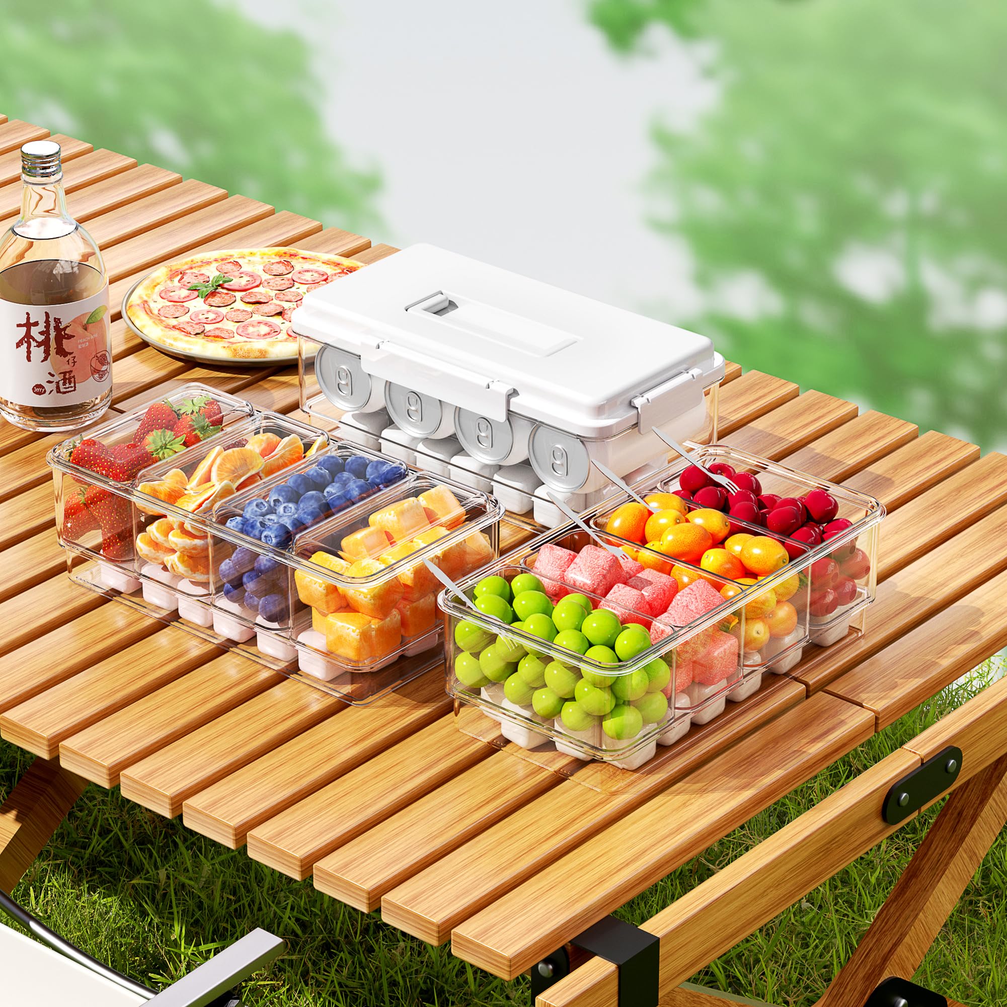 Paquete de 2 organizadores de condimentos enfriados con hielo con 4 recipientes y 4 tapas, bandeja para servir frutas con asa, organizador de condimentos portátil para suministros de barra de