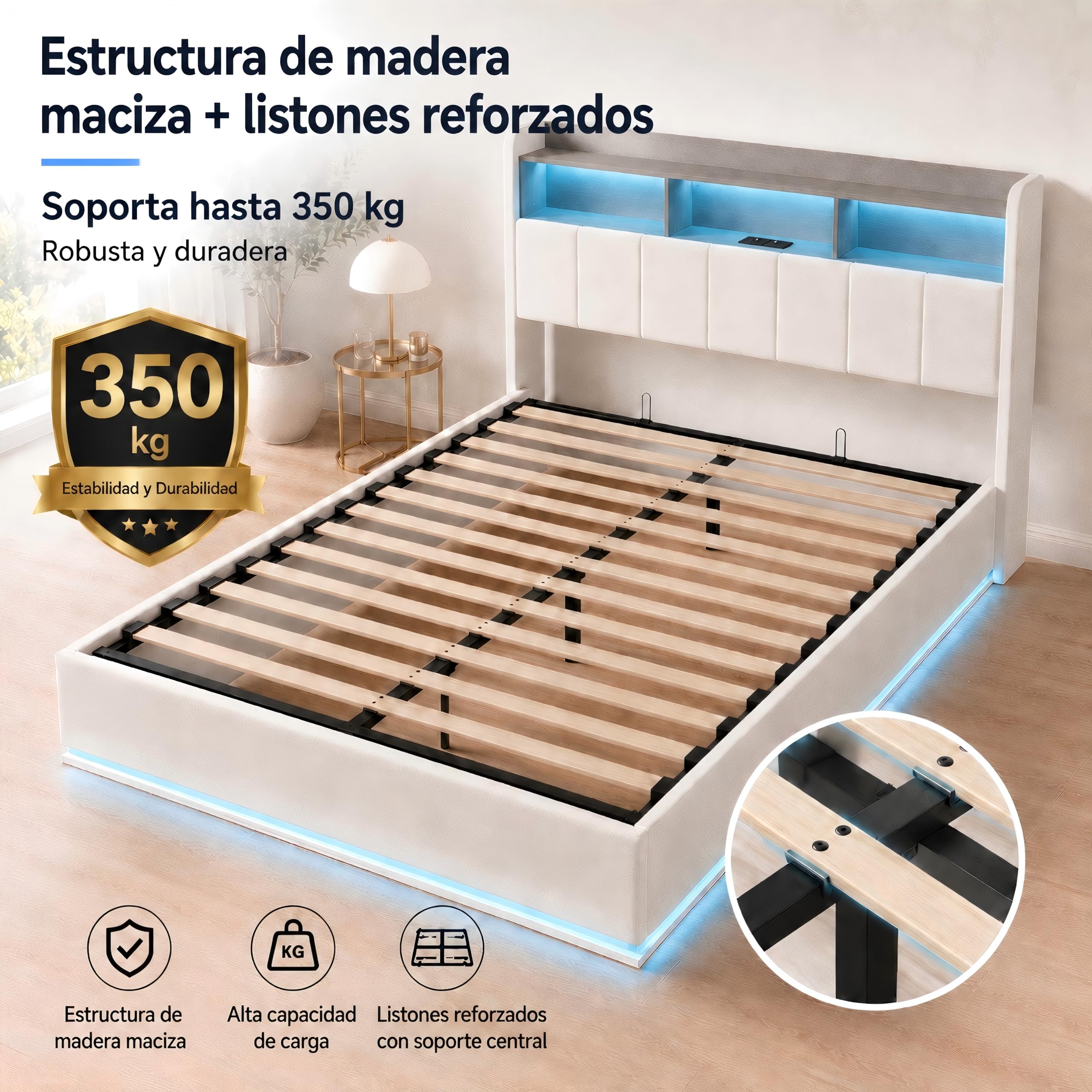 Cama tapizada de 140 x 200 cm con espacio de almacenamiento hidráulico, cama doble con LED y estación de carga USB, cama juvenil de 140 x 200 cm, marco de cama con somier, cama de