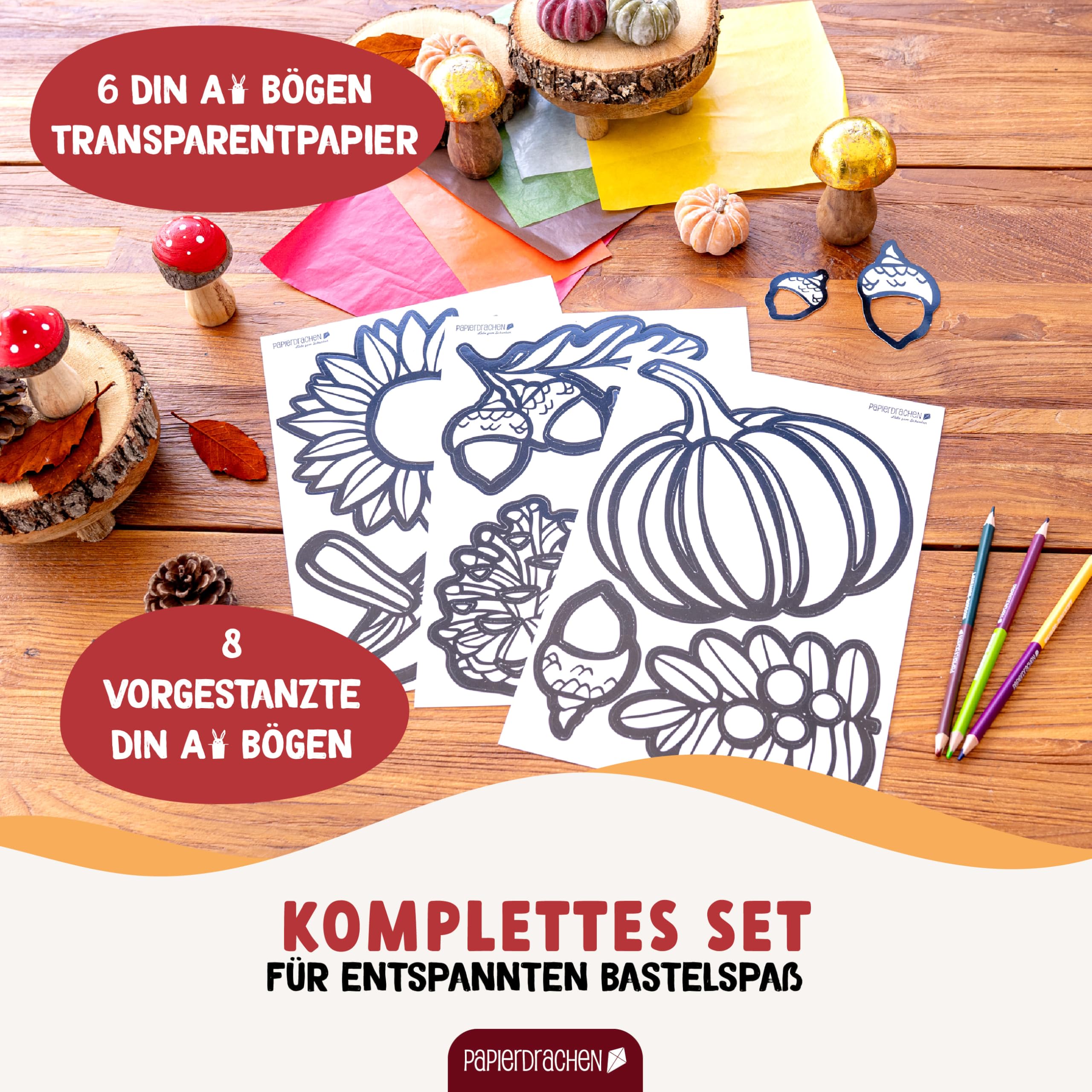 Papierdrachen Window Stickers for Colouring, Pumpkin, Leaves, Mushrooms, 8 Designs, Autumn Craft Set - Image 3