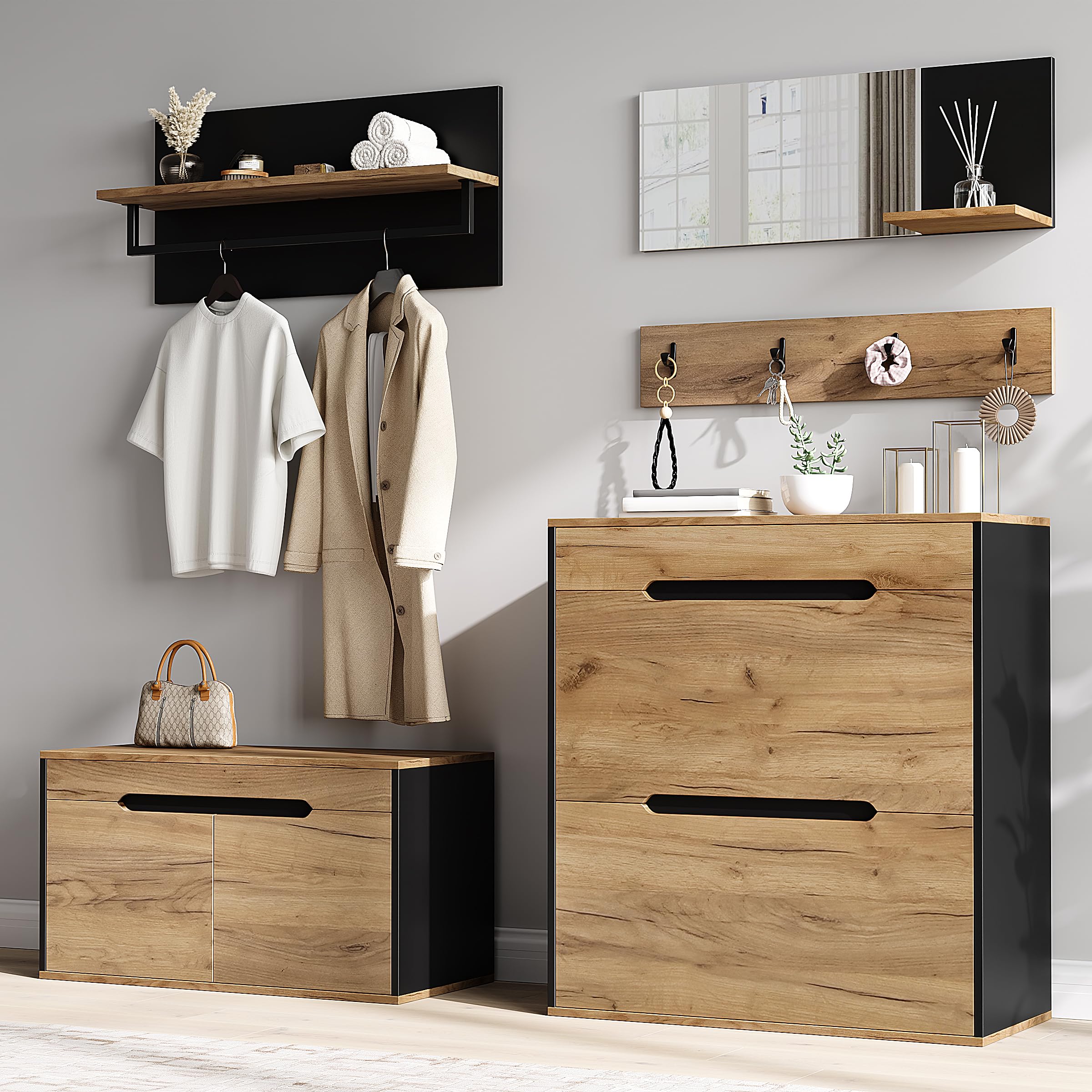 Garderobe Set Garderobenschrank mit Spiegel, Holzfarbe, 156x36x176 cm