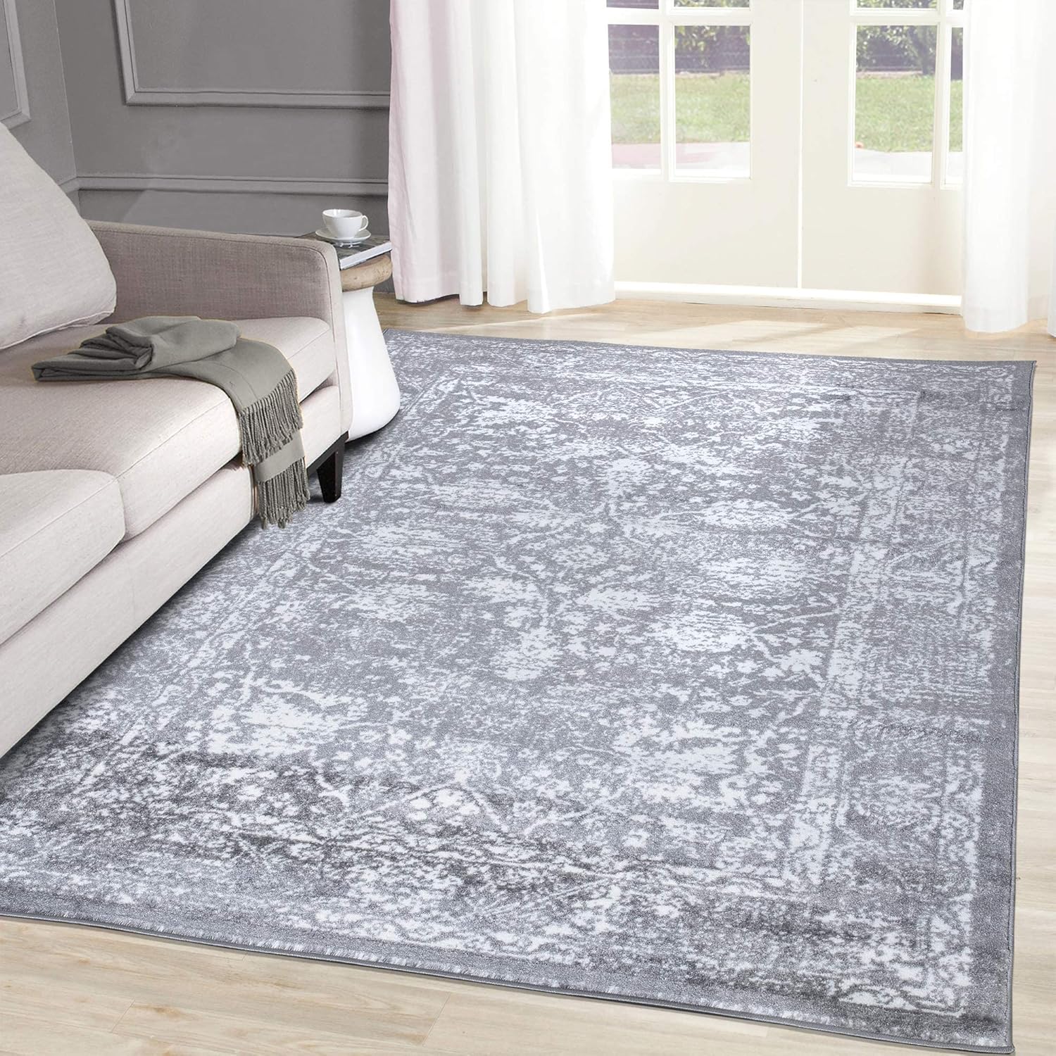 A2Z Rug Santorini Grey Silver Vintage Floral Rug with Border Soft