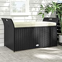 Vista 1 de YITAHOME 90 Gallon Outdoor Wicker Storage Bench w/Cushion, Large PE Rattan Deck Storage Box w/Handles & Hydraulics for Patio Furniture, Cushions