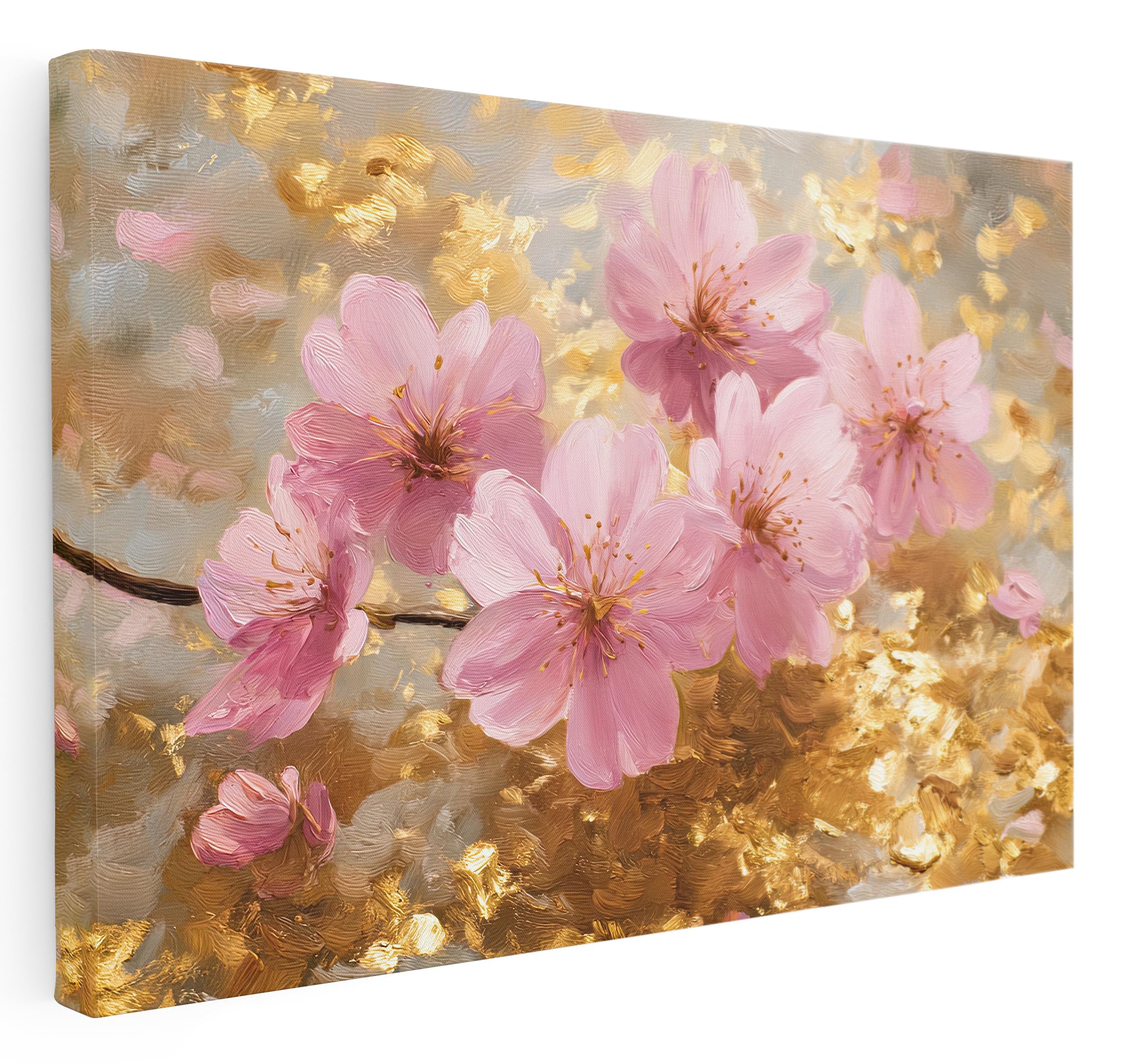 Pastello Japanese Blossom Flower Canvas Wall Art with Gold Accents – Wall Art Print for Living Room, Bedroom, Office, Framed Artwork – Elegant Floral Décor (77cm x 51cm / 30x20inch)