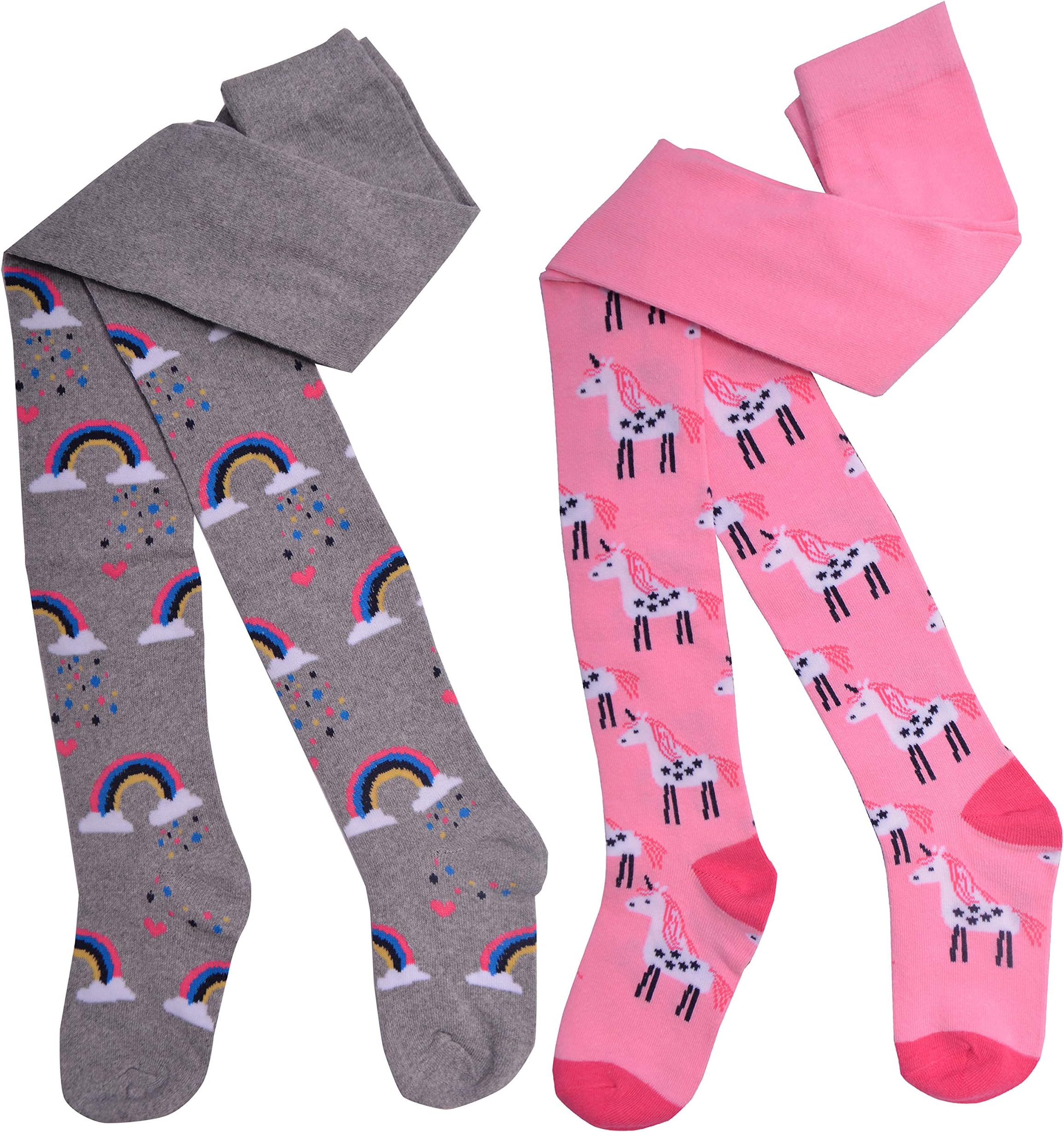 Girls 2 Pack Tights Unicorn Design Rainbow Stripes Pink Grey Cotton Size 1.5-10 Years