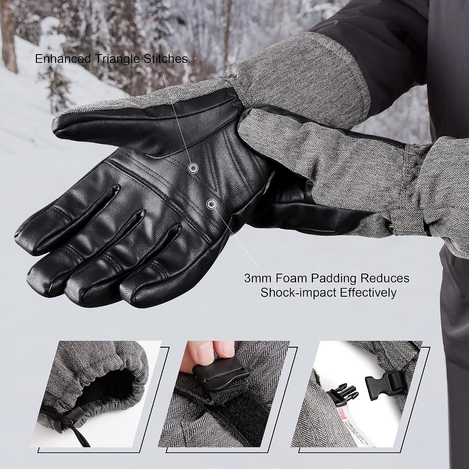 MCTi Ski Gloves Winter Waterproof Snowboard Snow Warm 3M Thinsulate PU Leather Cold Weather Gloves for Mens Womens