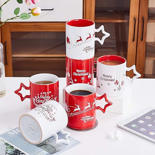 Miniatura 6 de Bruntmor Juego de 6 tazas de café divertidas de Navidad rojas y blancas con mango de estrella, tazas de Navidad de gran tamaño de 14 onzas, tazas de