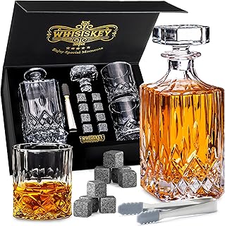 WHISISKEY Whisky Karaffe Set - Whiskey Geschenkset - Geschenke für Männer - Männergeschenke Geschenk - Geburtstagsgeschenk Mann - Klassische Dekanter 700ML, 2 Gläser, 8 Whisky Steine