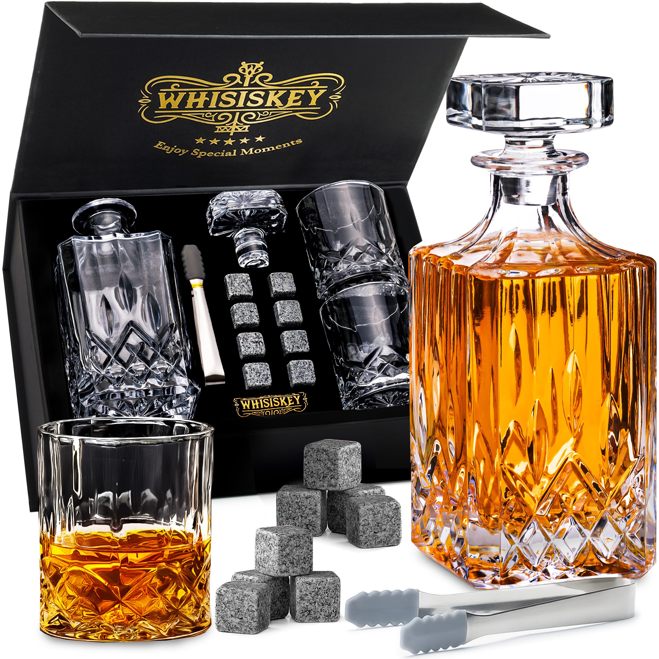 Whisiskey Whisky Karaffe Set - Whiskey Geschenkset - Geschenke für Männer - Männergeschenke Geschenk - Geburtstagsgeschenk Mann - Klassische Dekanter 700ML, 2 Gläser, 8 Whisky Steine