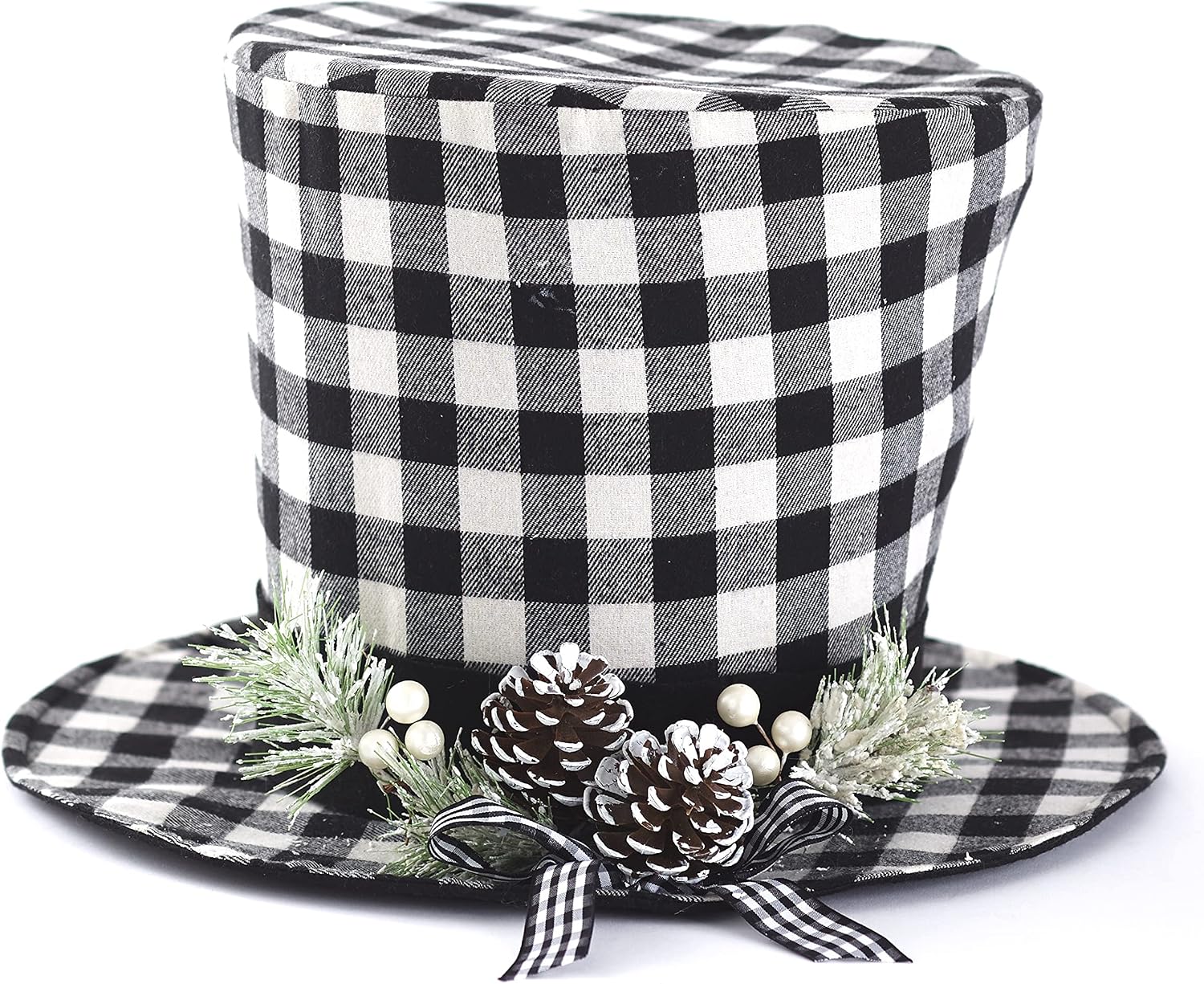 Buffalo Check Hat Tree Topper - Farmhouse Christmas Decoration with Fake Pinecones