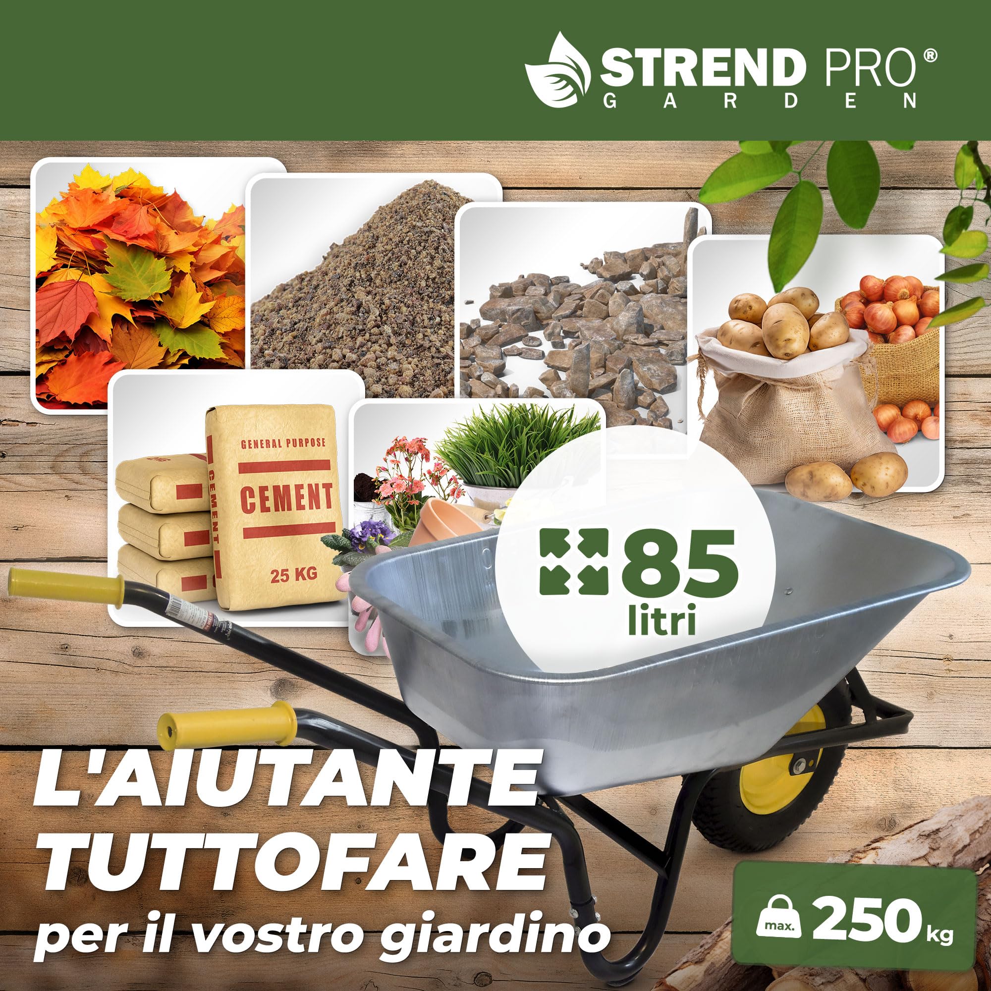STREND PRO Carriola con ruote pneumatiche 85L 250KG | LEGGERA e PRATICA Carriola grande | Carrello a mano | Carrello scorrevole
