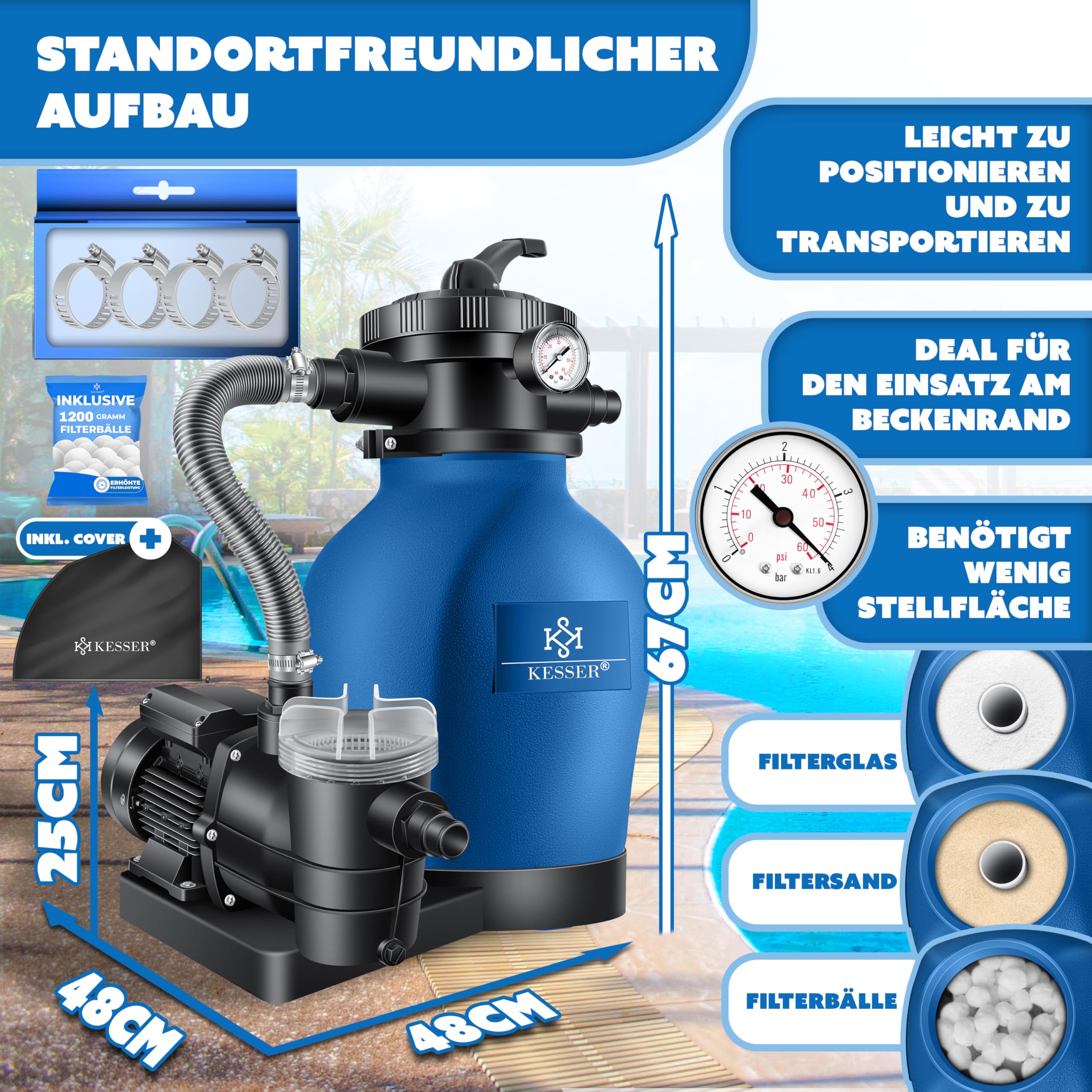 KESSER® Sandfilteranlage mit Pumpe & 1200g Filterbälle | Poolfilter 600W | Sandfilter für Pool 13200L/h Durchfluss | Tankvolumen bis 30kg Sand | 7-Wege Ventil mit Druckmanometer, Abdeckung & Zubehör