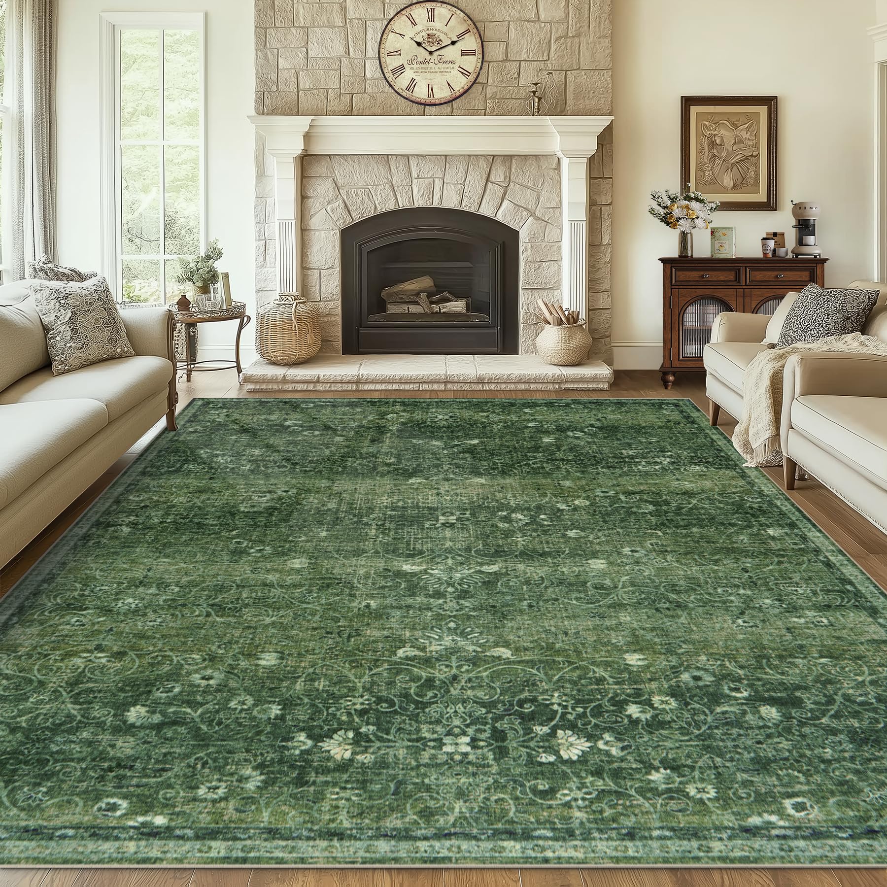 10x14 Area Rugs Washable Rug: Large Vintage Abstract Living Room Rug Soft Anti-Skid Thin Carpet Indoor Floor Stain Resistant Carpets for Bedroom