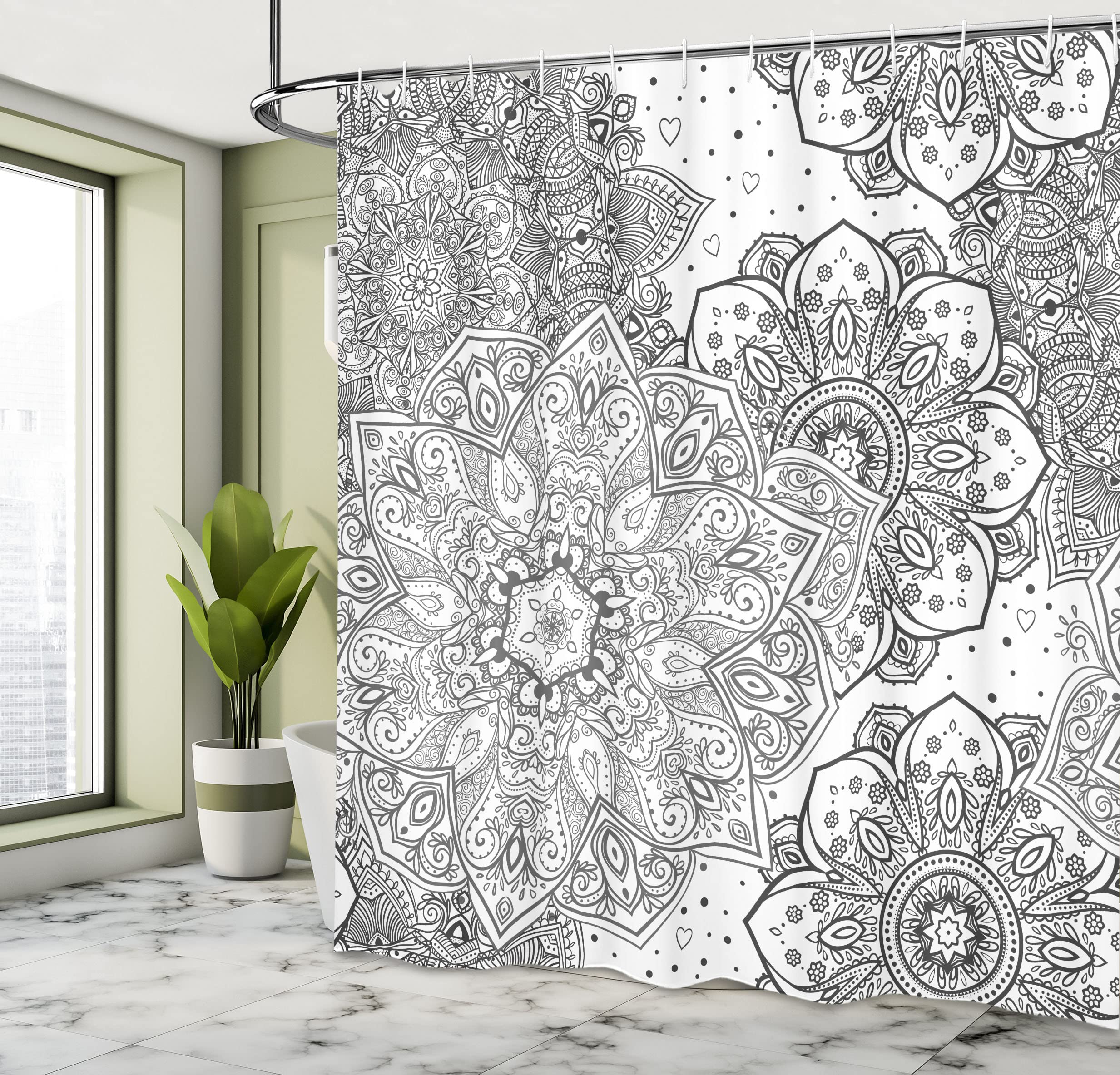 ABAKUHAUS Mandala Shower Curtain, Eastern Lace Floral Illustration with Moroccan Effects and Folkloric Feels - Image 4