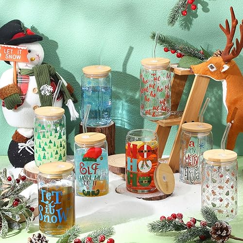 Miniatura 5 de Juego de 12 vasos de vidrio de Navidad con tapas de bambú y pajita, vasos de Navidad de 16 onzas, lata de helado de Navidad, lindos frascos de