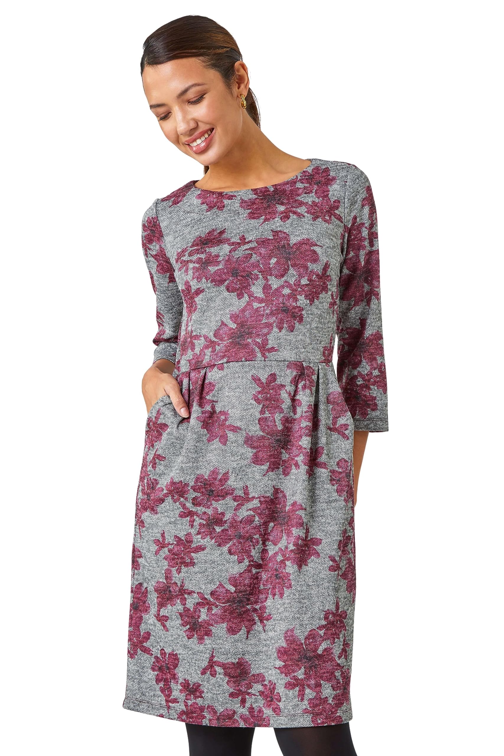 Roman Originals Women's Pink & Grey Roman Shift Dress With Pockets For Uk - Summer Autumn Winter Smart Casual Work Short 3/4 Sleeve Tunic Knee Length Pleated Gathered Waist Tea Loose