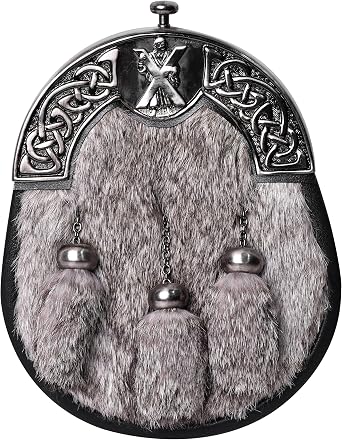 Scottish Sporran for Kilt, Full Dress Kilt Sporran for Men with Real Fur, Leather Strap & Adjustable Chain Belt