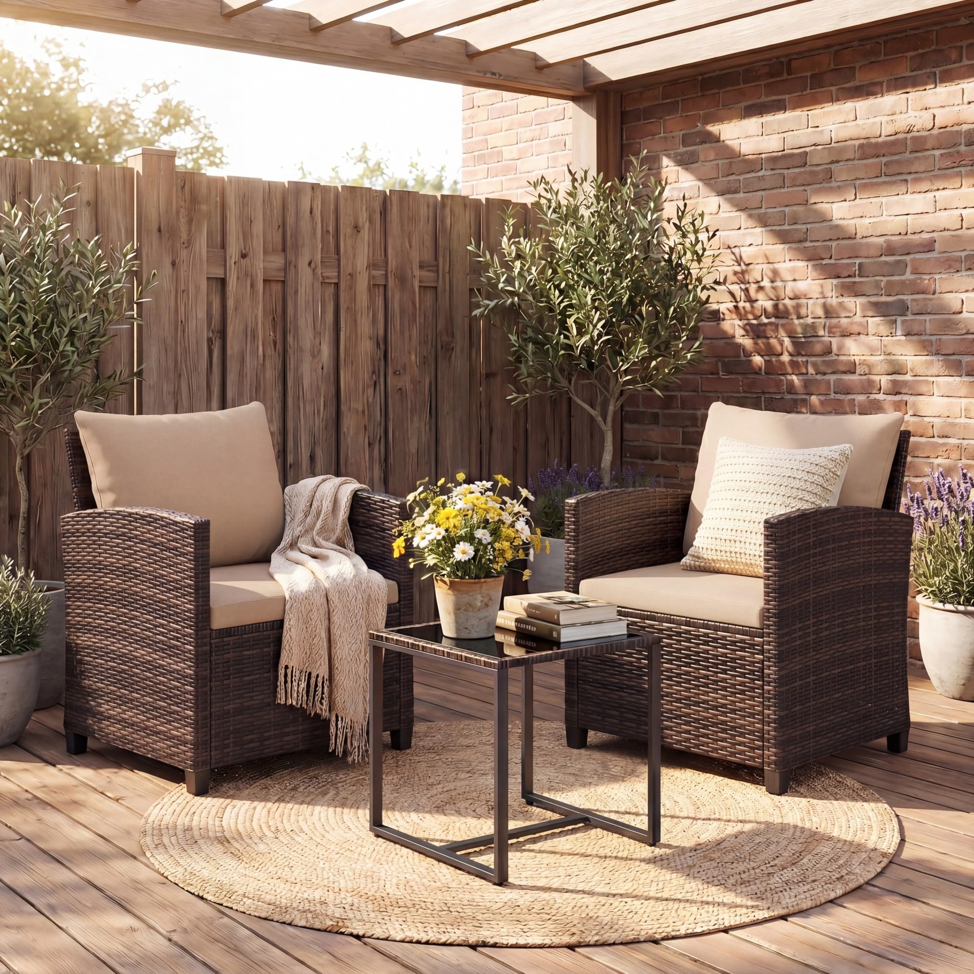 GIANTEX Juego de Muebles Jardín Exterior 3 Piezas, 2 Sillones con Cojines y 1 Mesa de Café de Vidrio, para 2 Personas, Conjunto de Conversación para Balcón, Terraza, Patio (Marrón+Café)