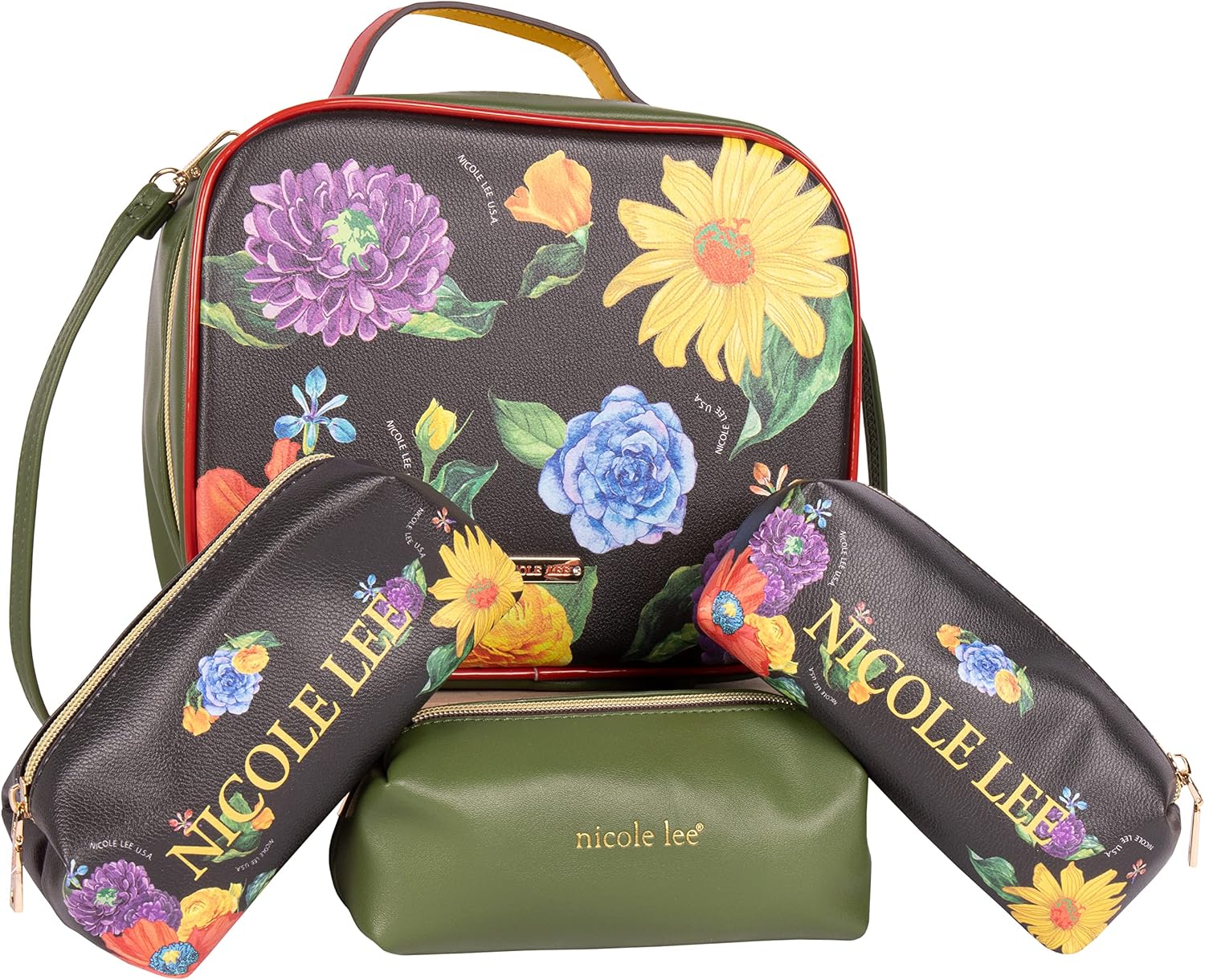 Nicole Lee Travel Handbag Crossbody Set with 3 Fashion Print Makeup Pouches, Women's Cosmetic Toiletry Organizer (Be My Valentine)