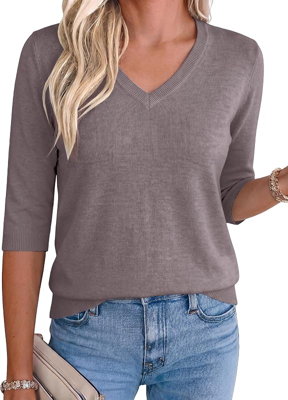 Totatuit Women's 3/4 Length Sleeve Wool Blend V Neck Sweater