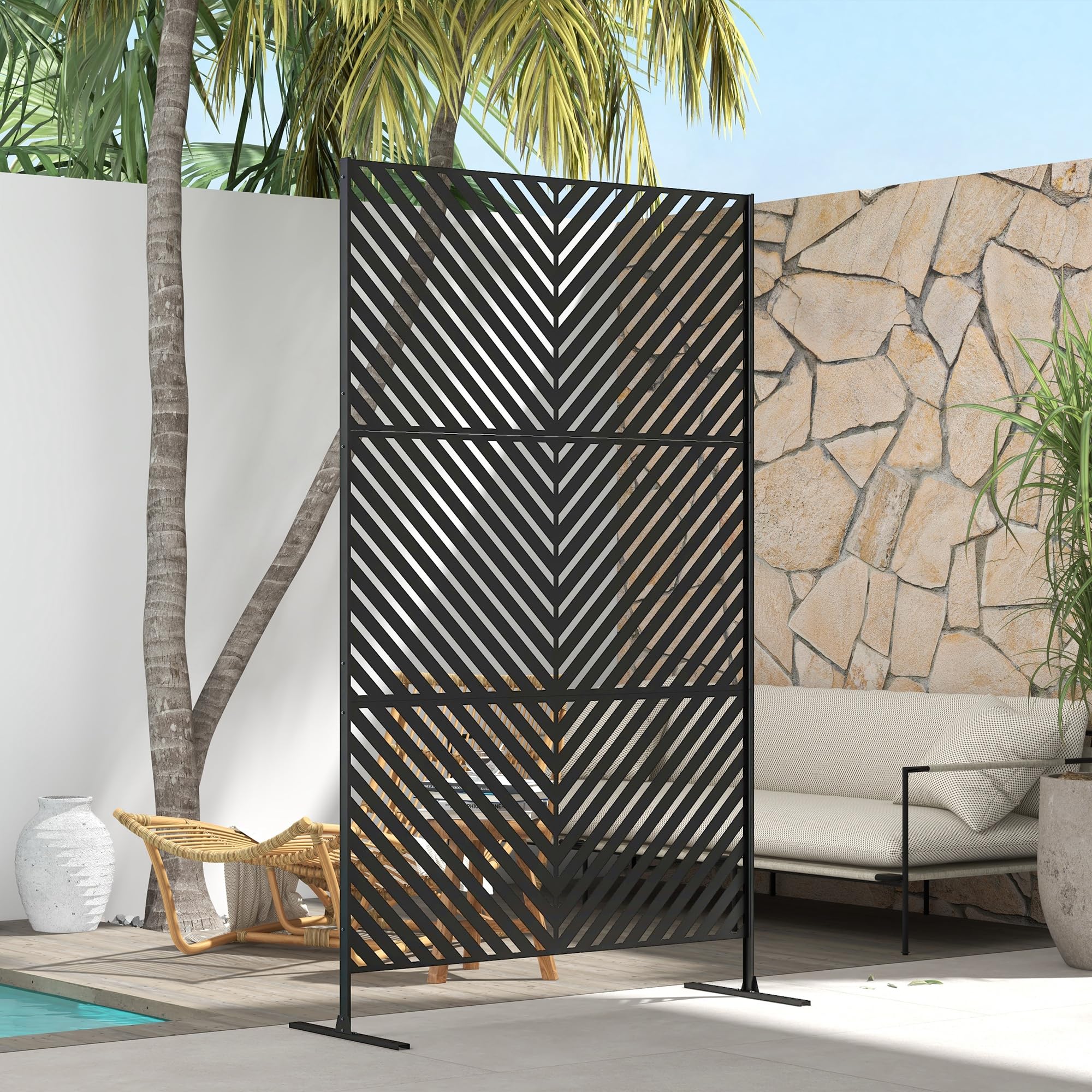 Outsunny Panneau Brise Vue Décoratif Extérieur 122x45x198 cm Noir | Paravent en Métal, Motif Géométrique Ajouré