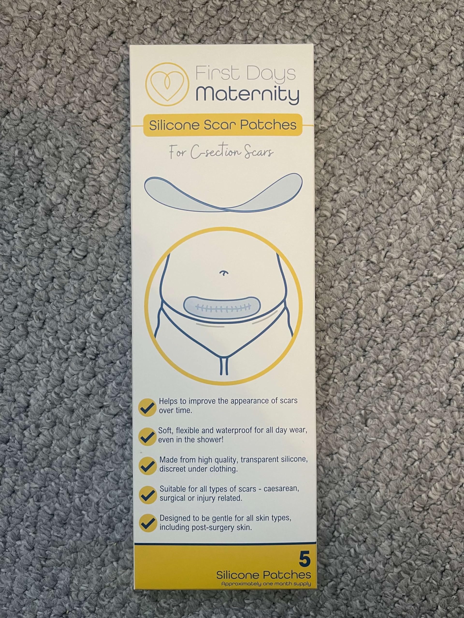 First Days Maternity: mejore la apariencia de una cicatriz de cesárea con parches de silicona para cómodos, impermeables y flexibles, adecuados para todo tipo de piel, paquete de 5 parches