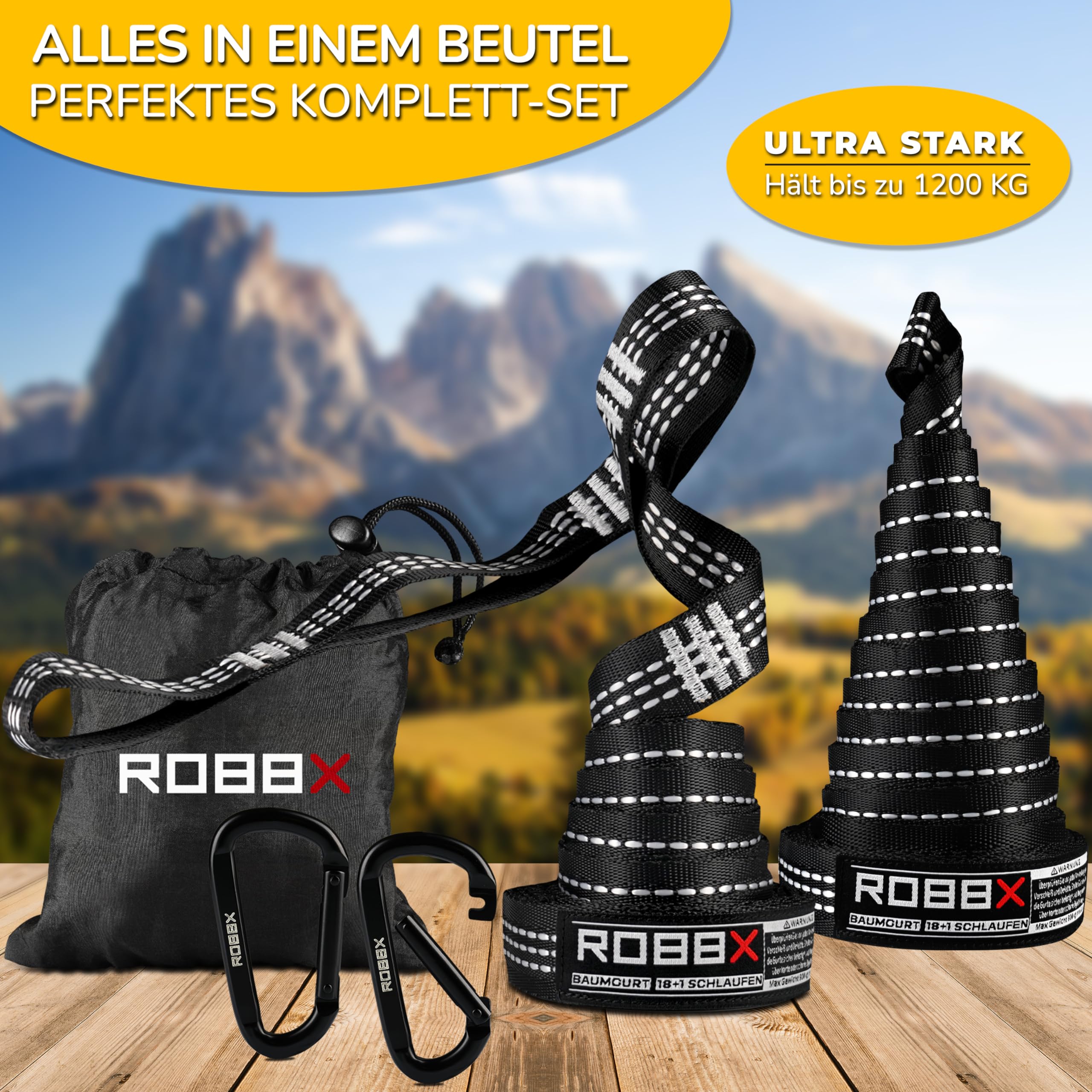 ROBBX® Hängematte Befestigungsset 300x2,5cm inkl. Schwerlast Karabiner | Hängematten Aufhängung mit 18 Schlaufen bis 1200kg | Schaukel Baum Befestigung