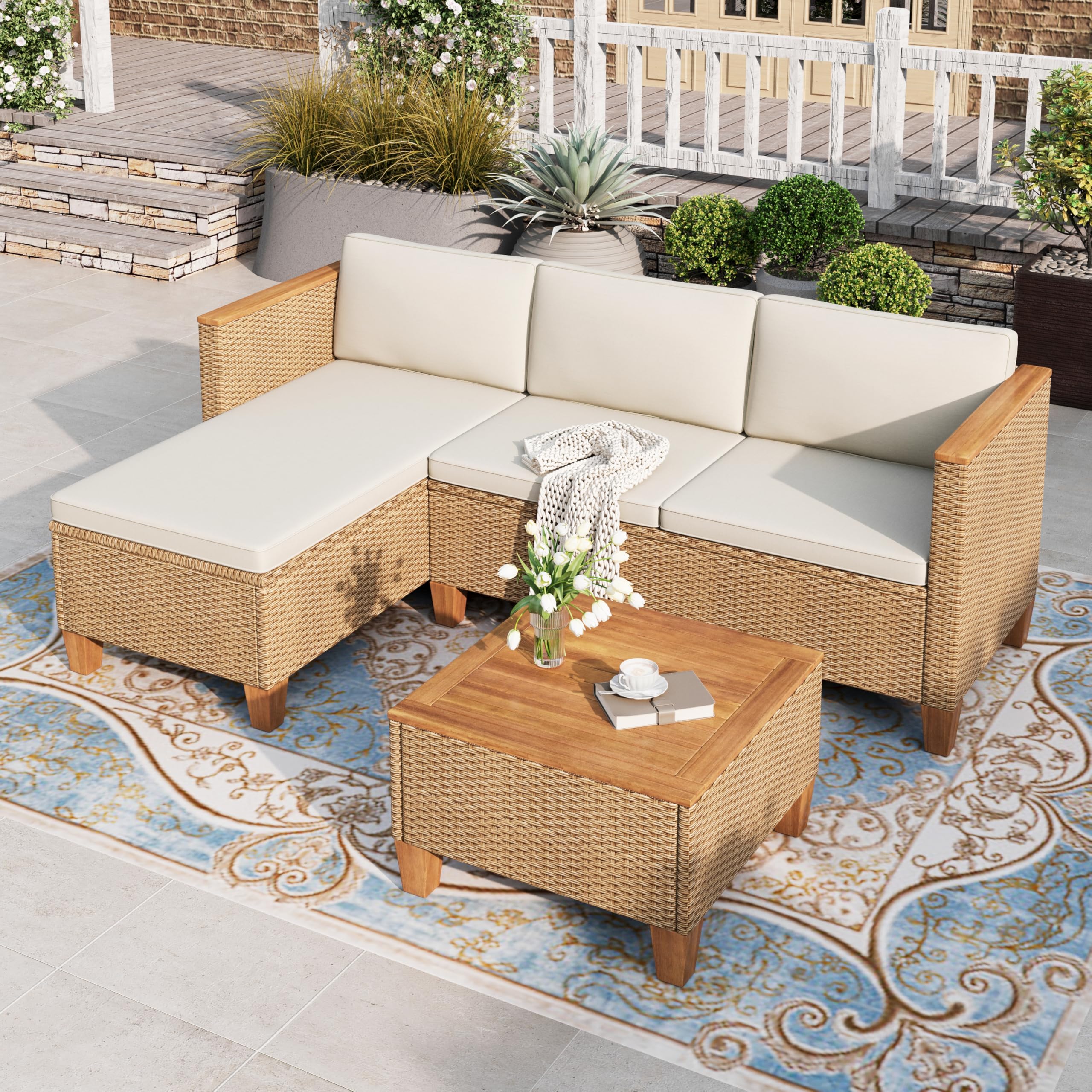 HERA'S HOUSE Small Patio Furniture Set, 3 Pieces Wicker Outdoor Sectional Sets,Yellow Rattan Conversation Set with Sofa and Coffee Table for Garden